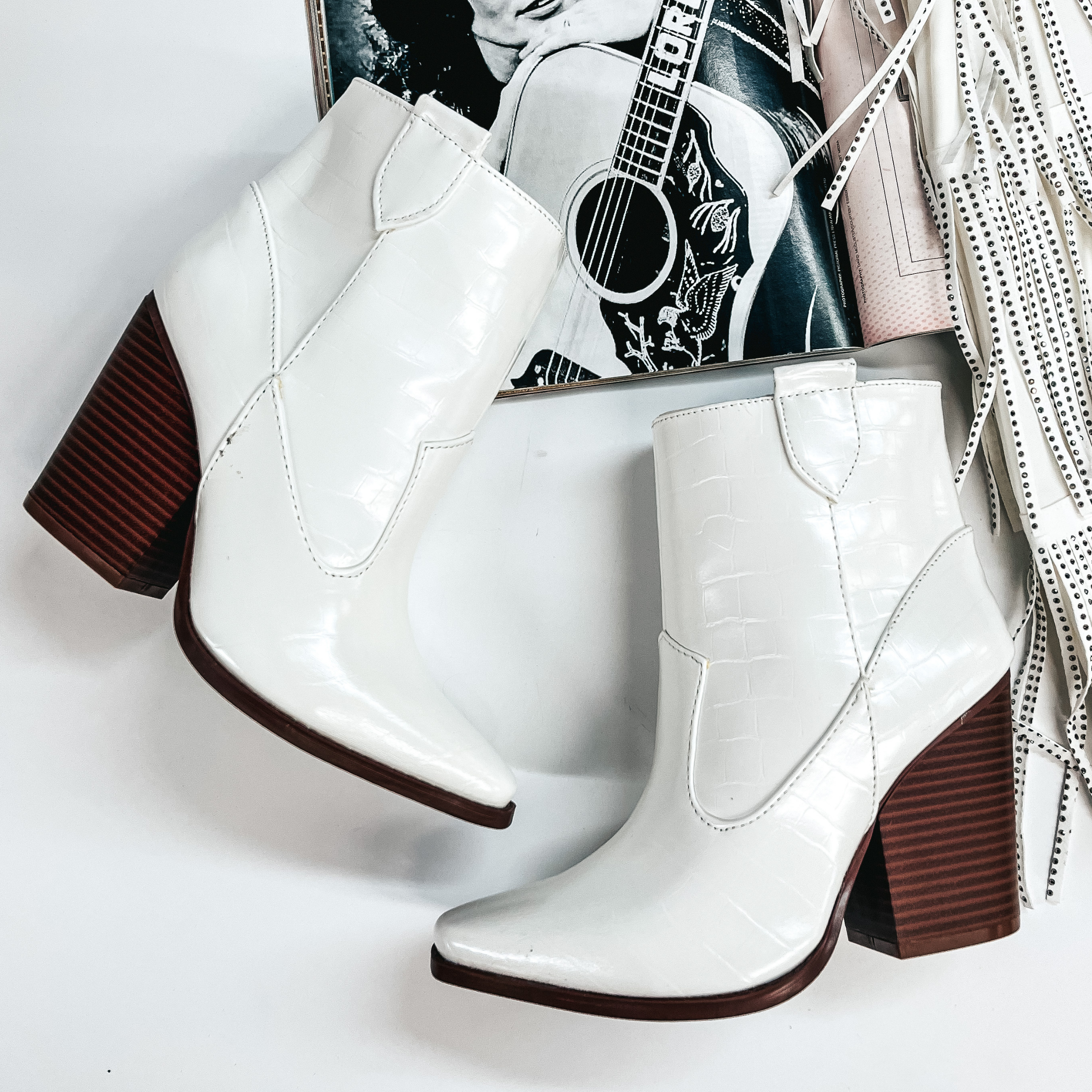 Broadway Strut Crocodile Print Heeled Ankle Booties in White - Giddy Up Glamour Boutique