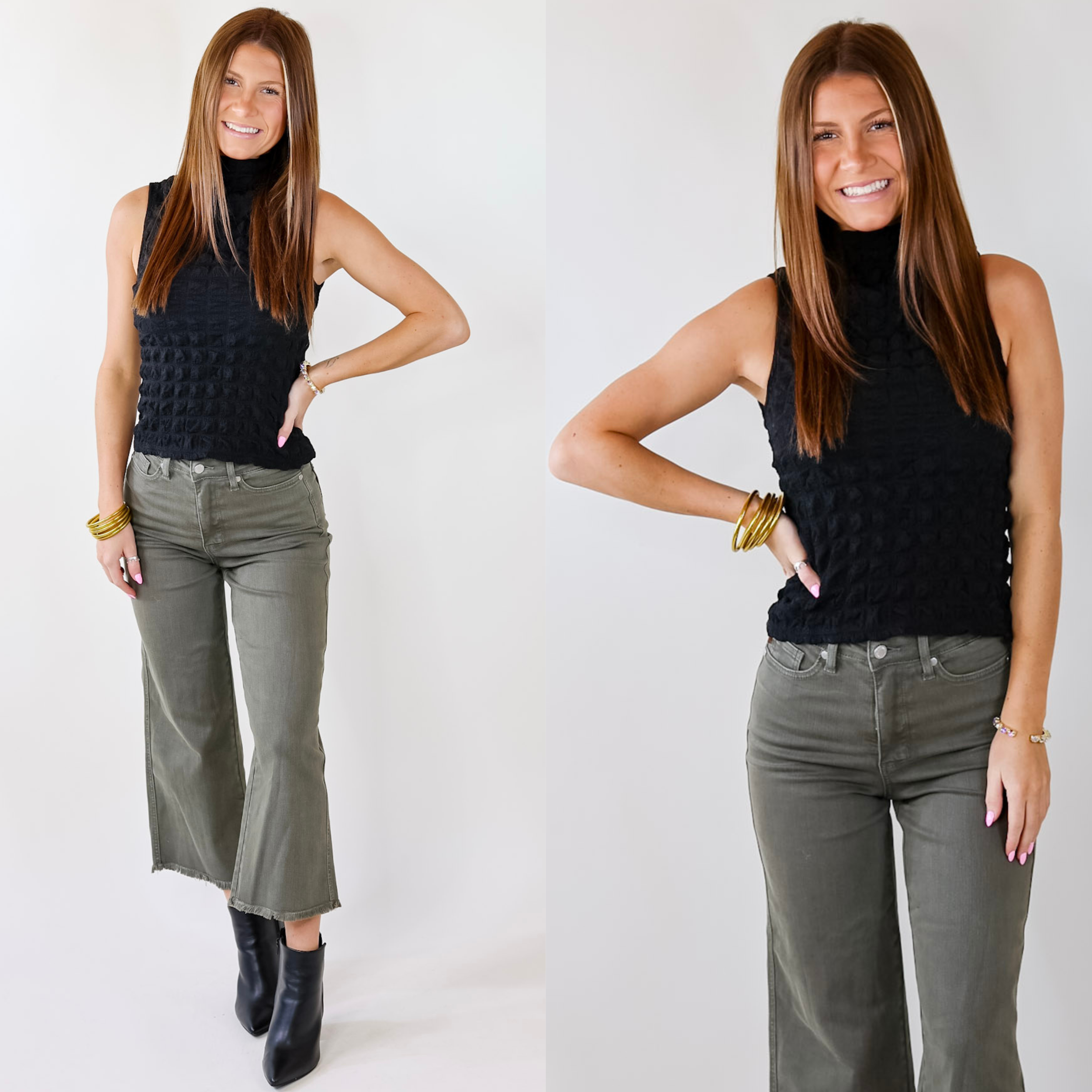 Model is wearing a black mock neck tank top. Model has this top paired with olive green jeans, black booties, and gold jewelry.