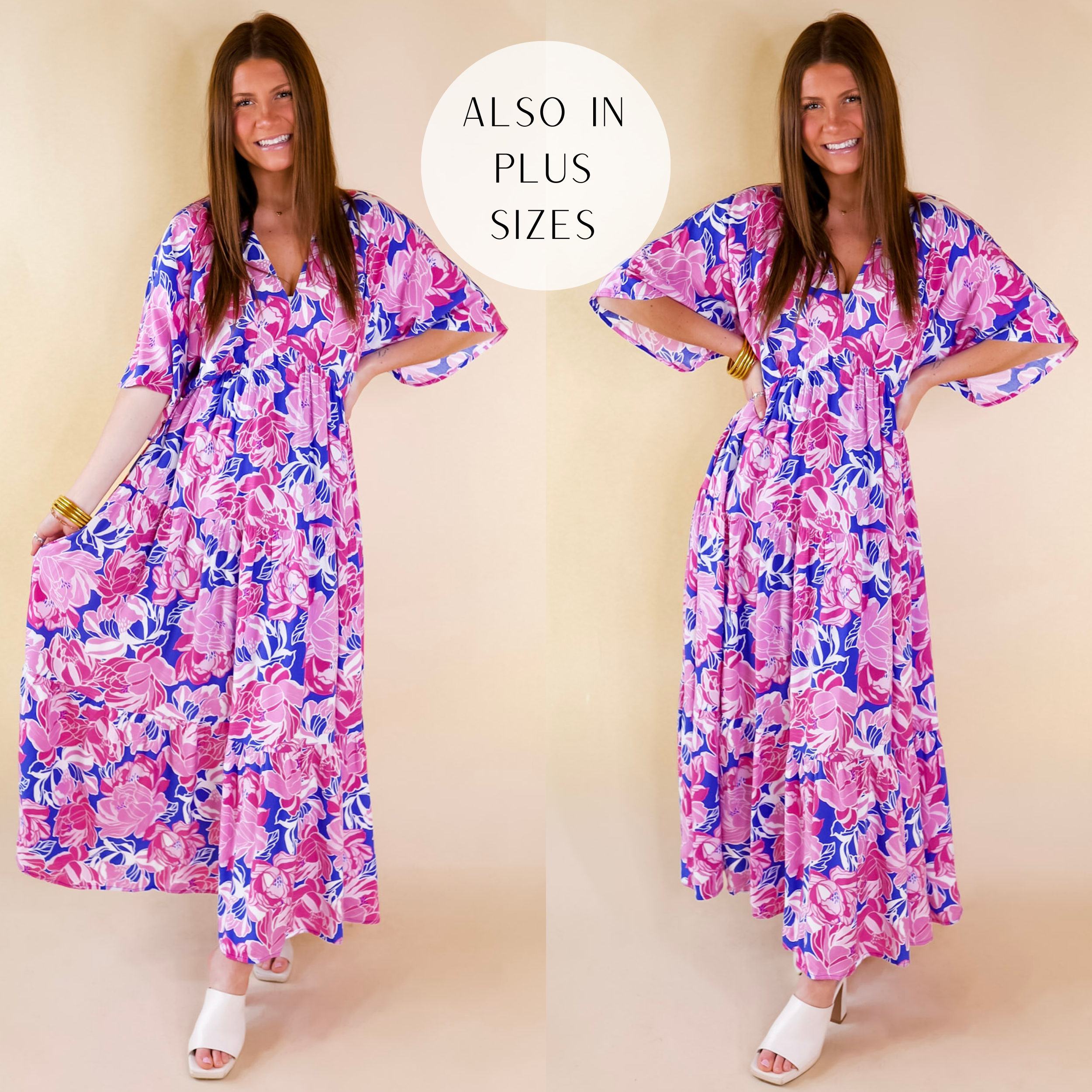 Waving Hello Floral Maxi Dress with V Neckline in Blue and Pink - Giddy Up Glamour Boutique
