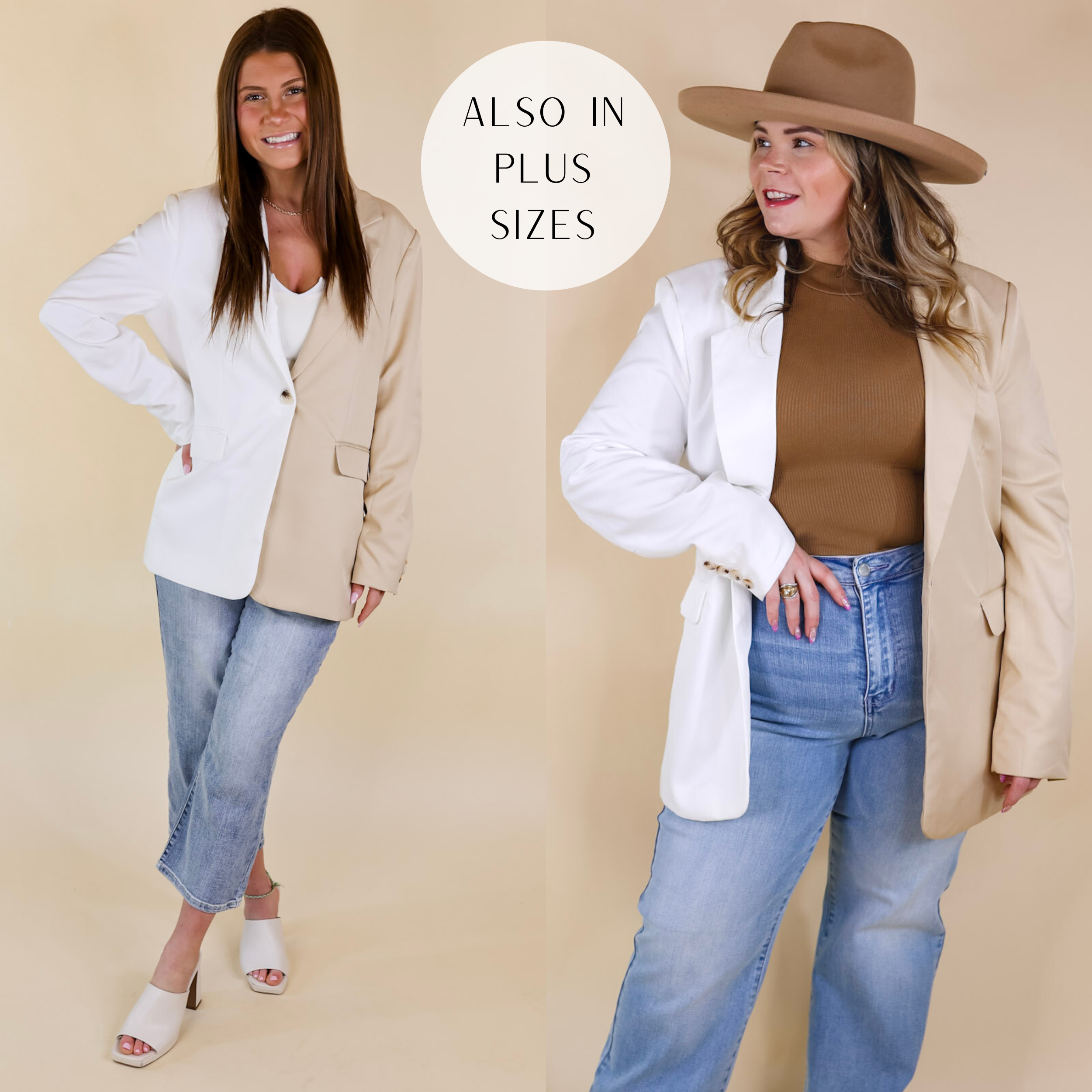 Models are wearing a half white, half beige blazer with long sleeves and a single button front. Size small model has it paired with a white bodysuit, cropped jeans, and white heels. Size large model has it paired with light wash jeans, a brown tank, and a brown hat.