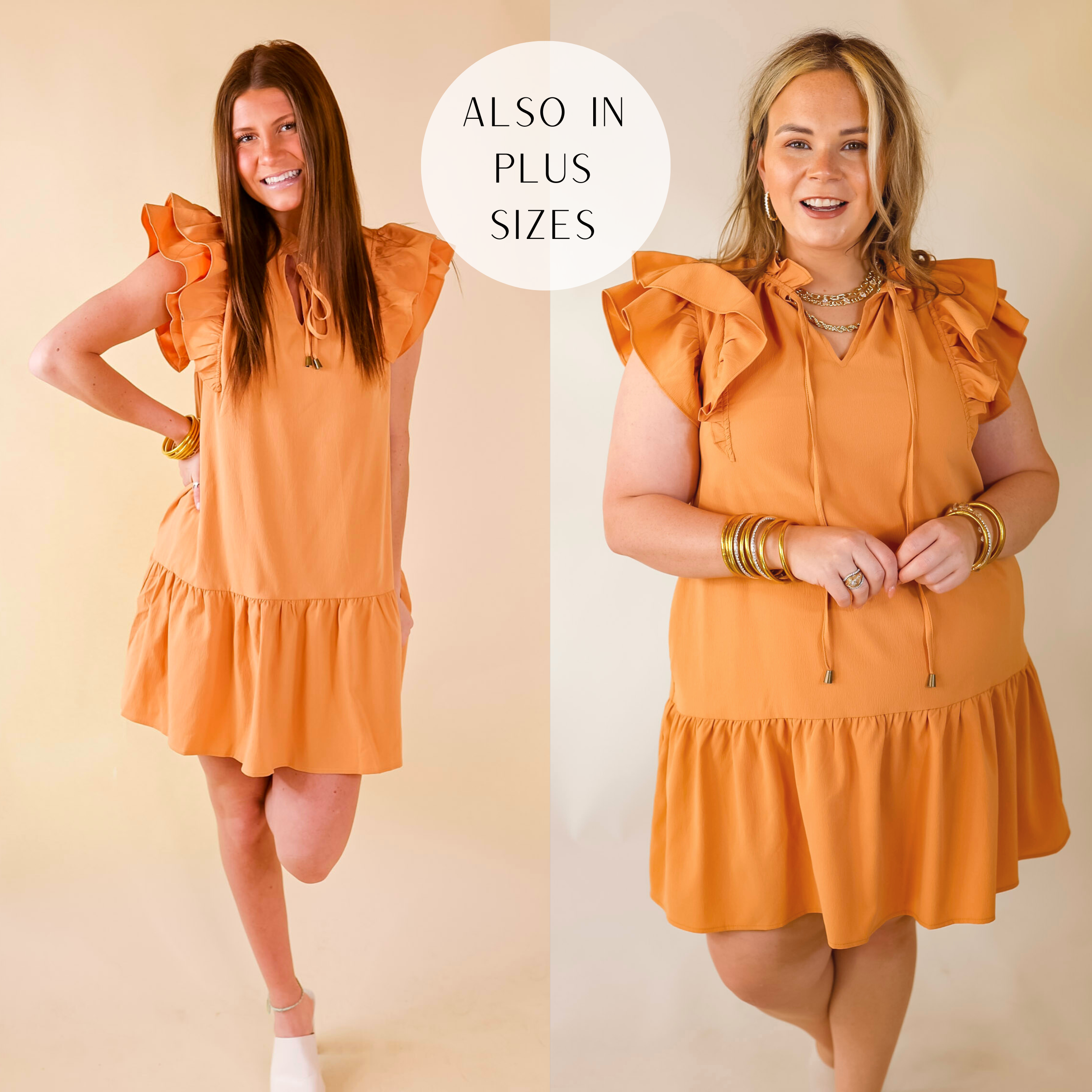 A relaxed fit pastel orange mini dress with a unique tieable keyhole neckline, short ruffled sleeves, and a ruffled hem. Item is pictured on a pale pink background.