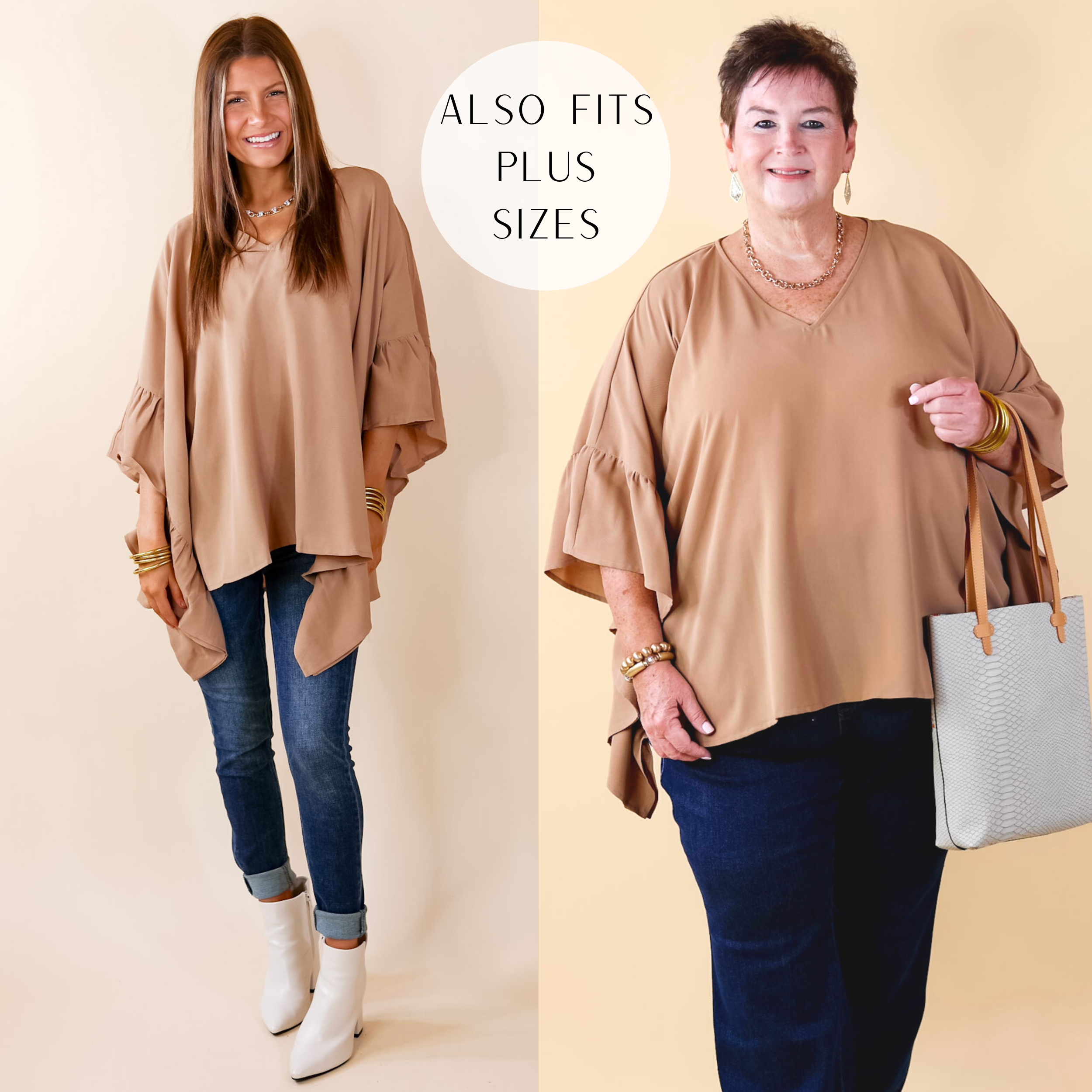 Secret Strength Ruffle Detail Poncho Top in Mocha Brown - Giddy Up Glamour Boutique