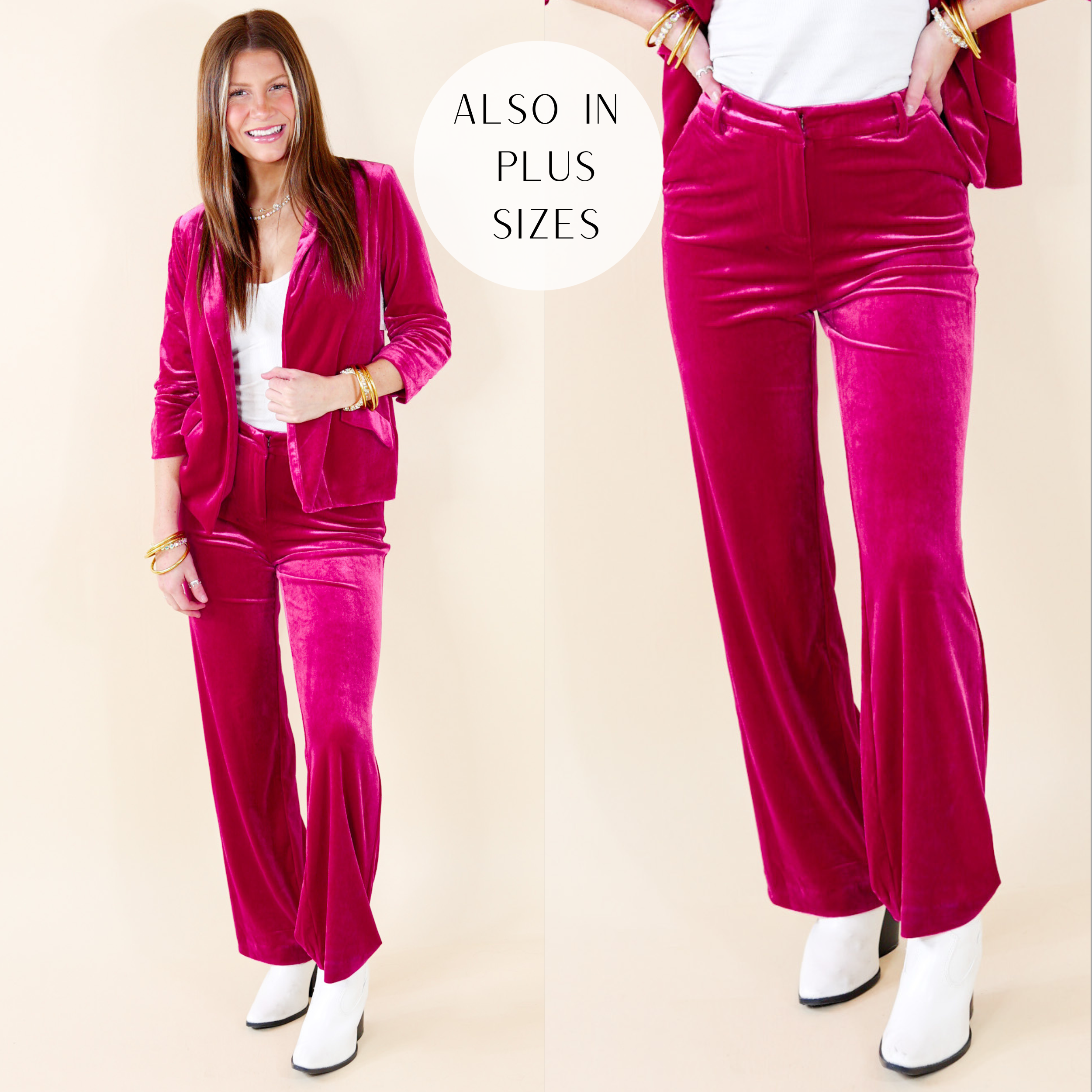 Velet Pink outfit. The trousers have a belt loop and zipper. The model is wearing this outfit with gold jewelry and white booties.