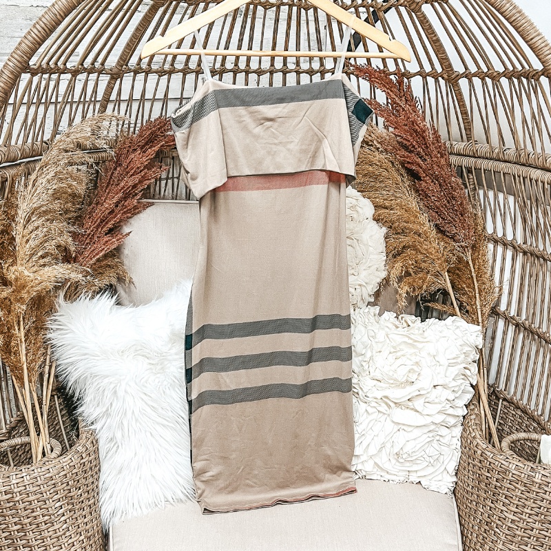 Plaid Off the Shoulder Midi Dress in Light Brown – Giddy Up Glamour Boutique
