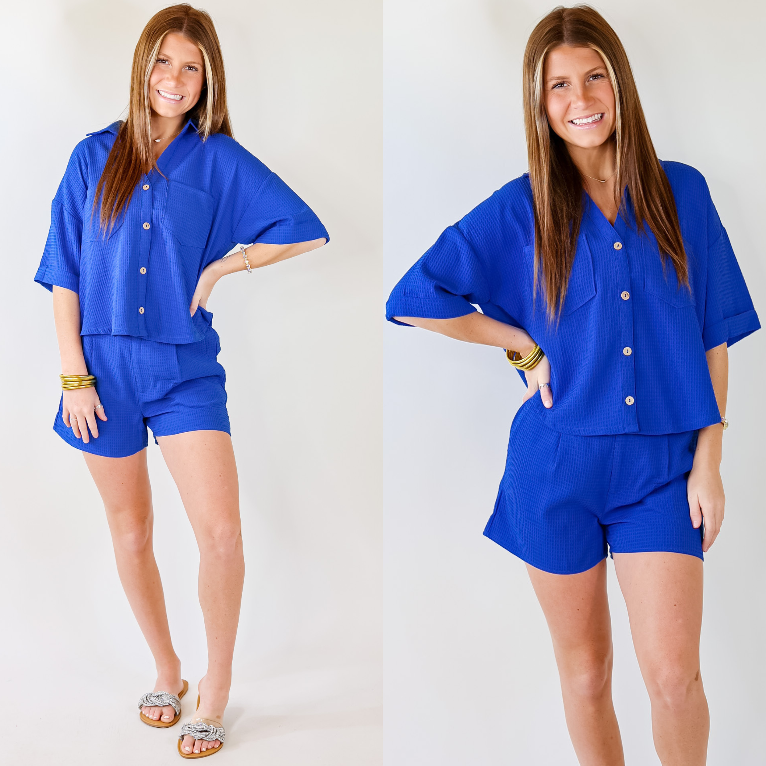 Time To Go Waffle Weave Button Up Top in Royal Blue - Giddy Up Glamour Boutique