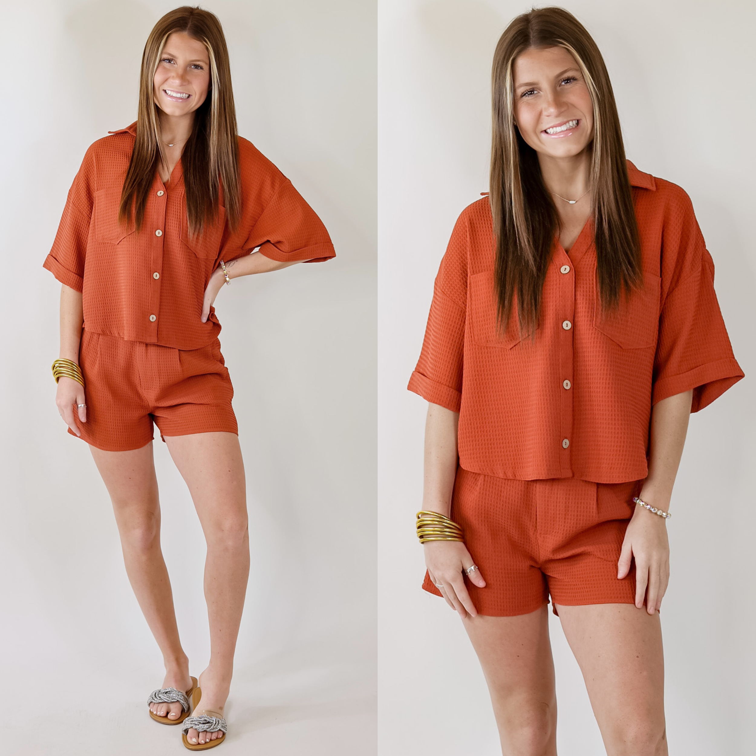 Time To Go Waffle Weave Button Up Top in Spice Brown - Giddy Up Glamour Boutique