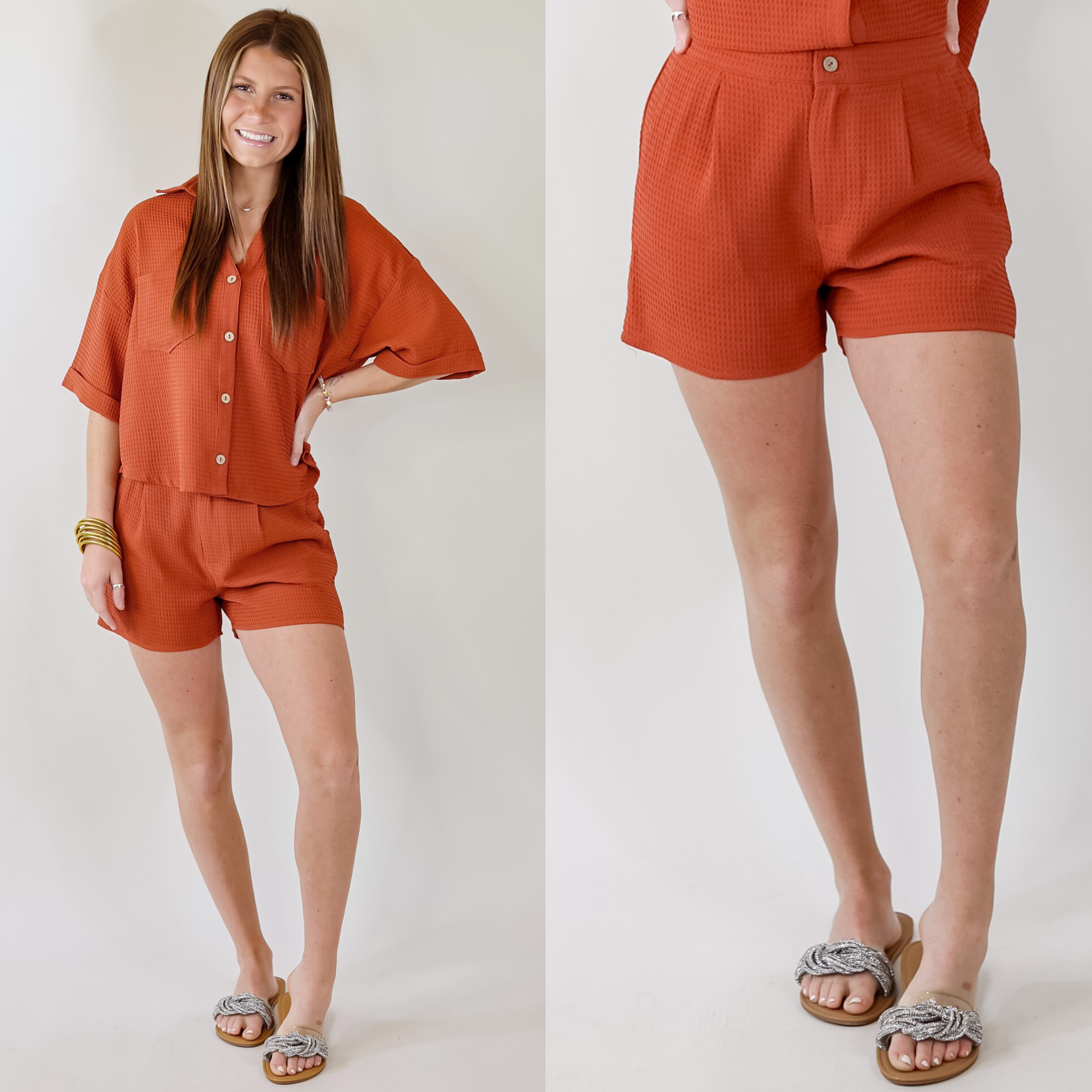 Time To Go Waffle Weave Shorts in Spice Brown - Giddy Up Glamour Boutique
