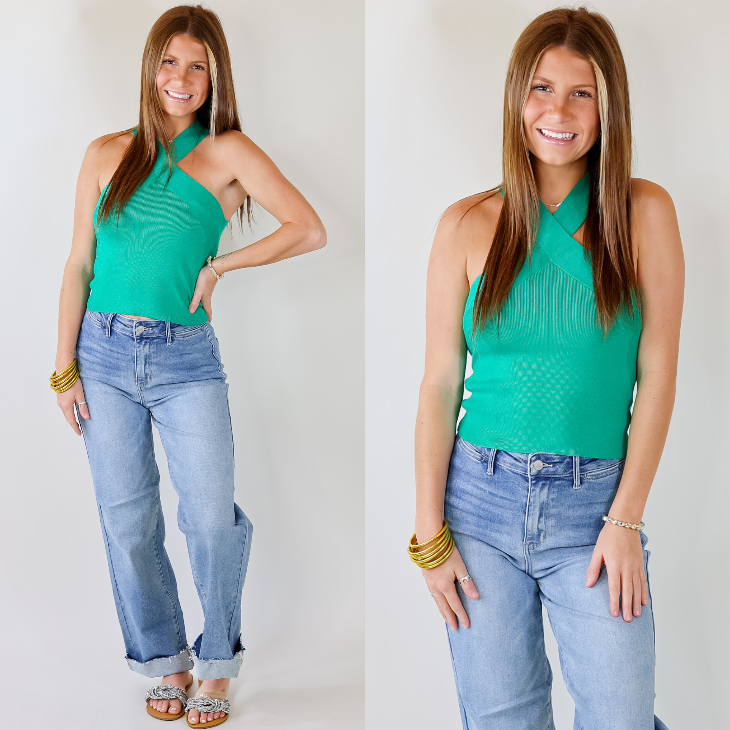 Talk To Me Crossed Strap Top in Green - Giddy Up Glamour Boutique