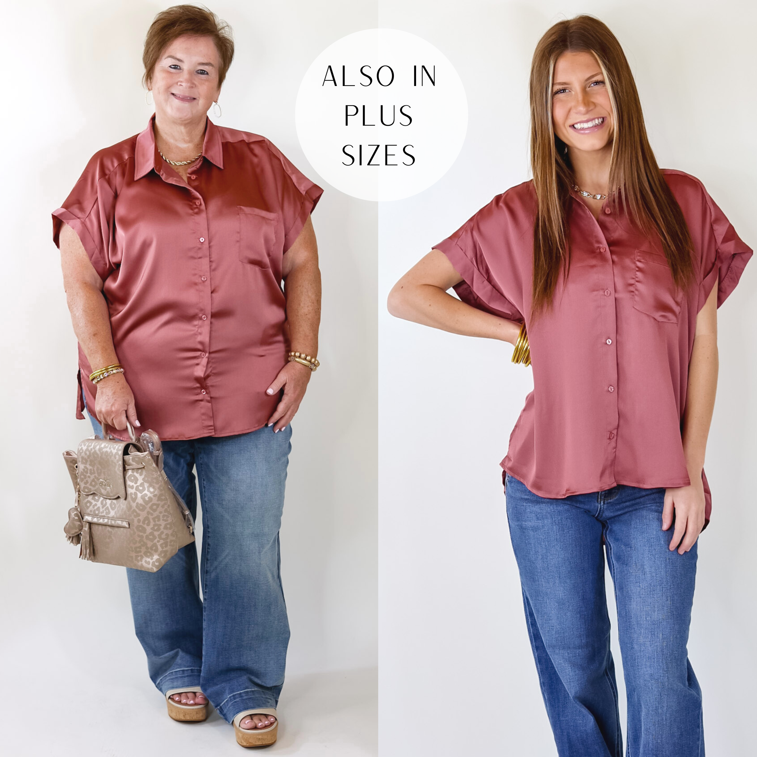 Models are wearing a mauve pink button up top with short sleeves and a collared neckline. Model has it paired with denim jeans, gold jewelry, and a leopard print bag.