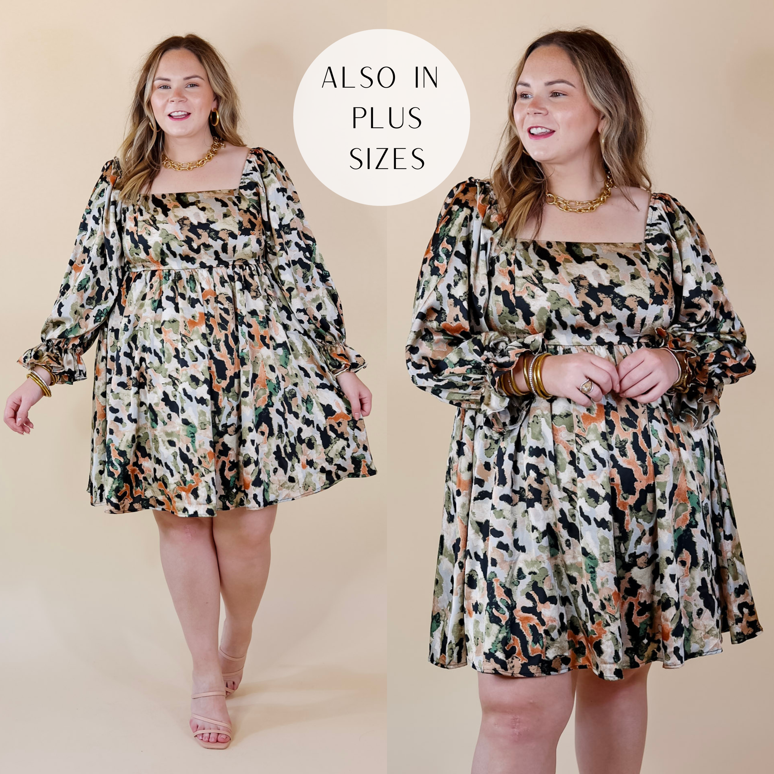 Feeling Fine Satin Watercolor Print Dress with 3/4 Sleeves in Olive Mix - Giddy Up Glamour Boutique