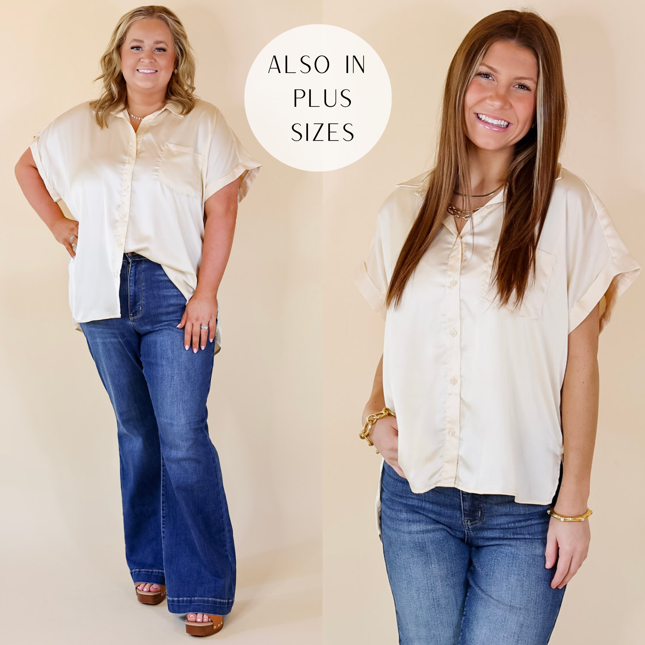 Free To Be Fab Button Up Short Sleeve Top in Cream - Giddy Up Glamour Boutique