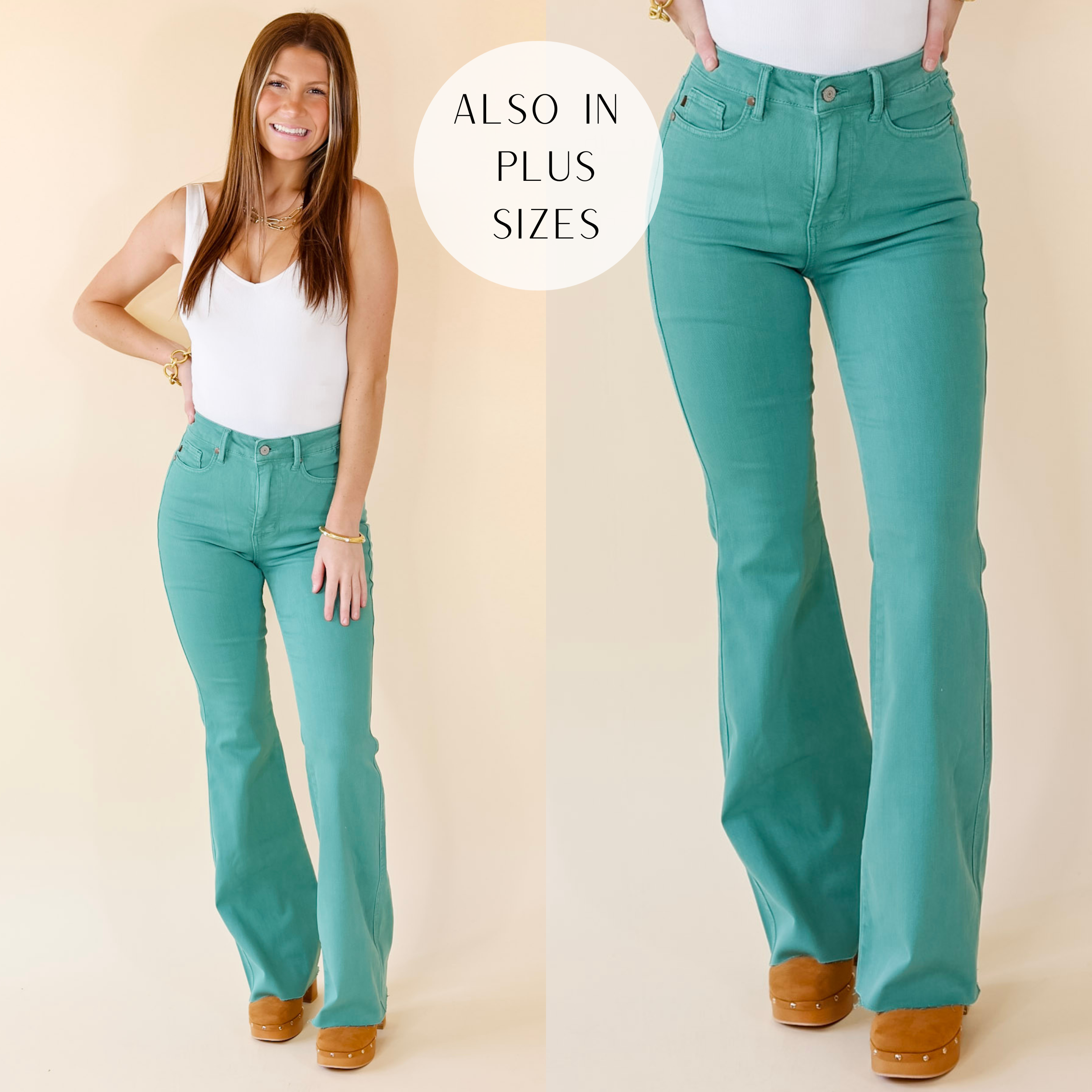 Judy Blue | Manifest It Tummy Control Flare Jeans in Topaz Green - Giddy Up Glamour Boutique