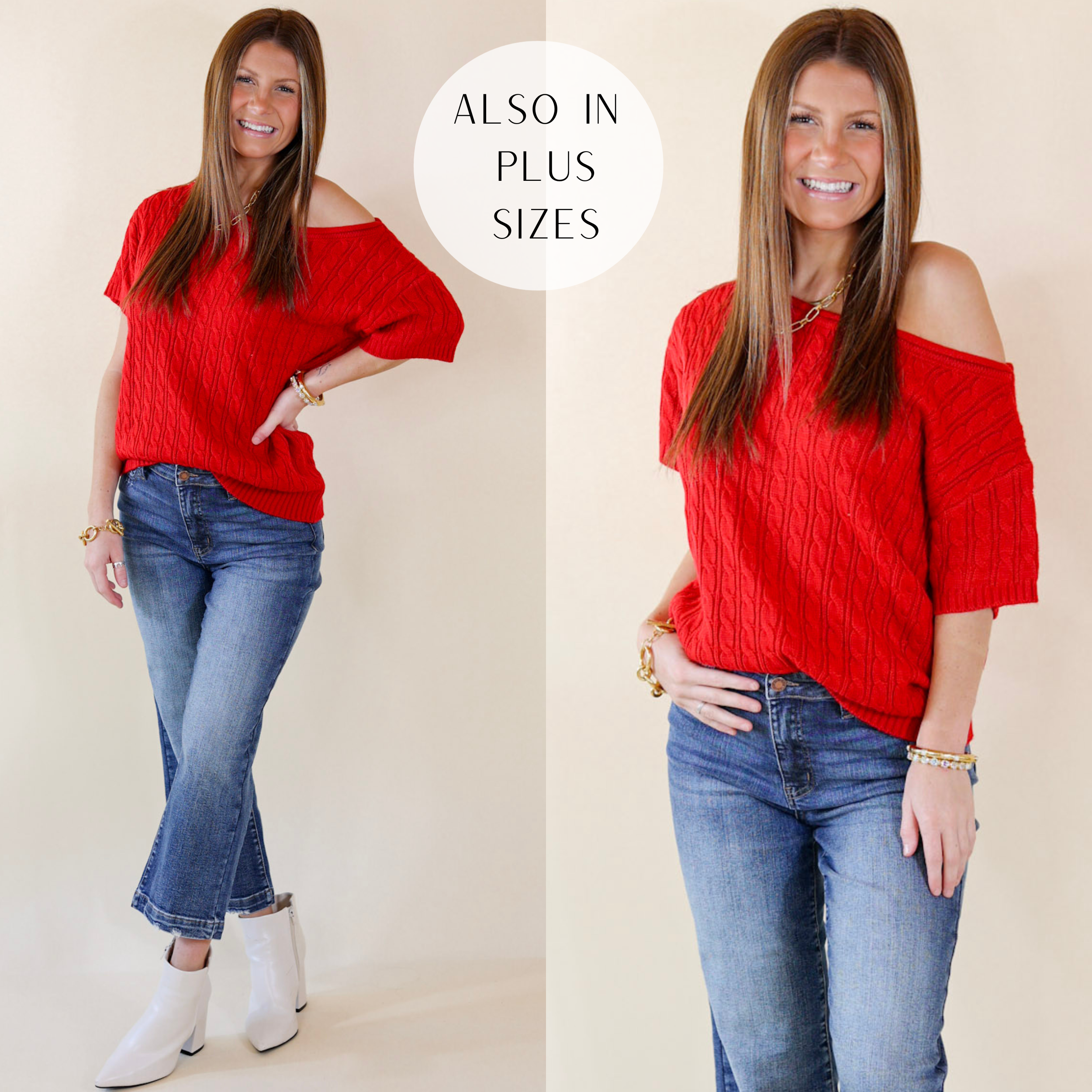 Model is wearing a scoop neck red sweater with short sleeves. Model has it paired with cropped jeans, ivory booties, and gold jewelry.