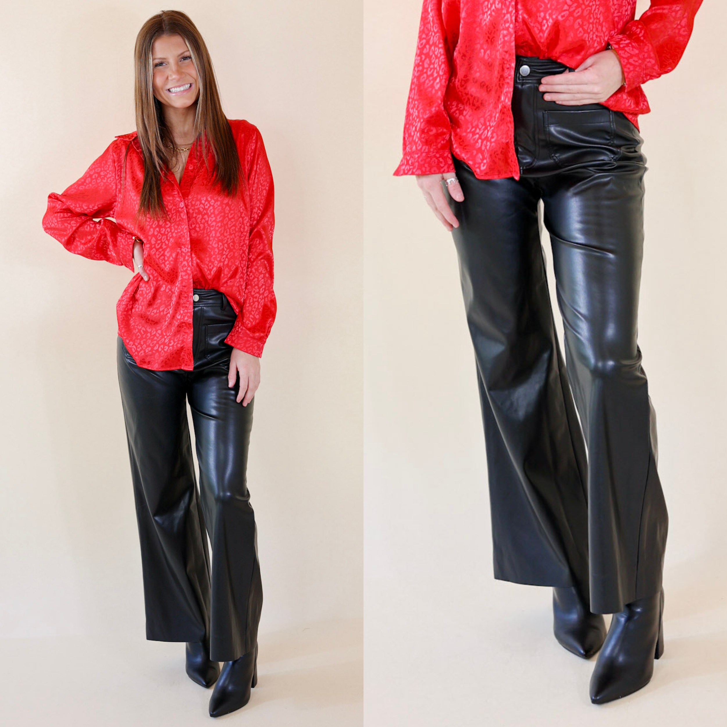 Model is wearing a pair of faux leather pants. Model has it paired with a long sleeve red top, black booties, and gold jewelry.