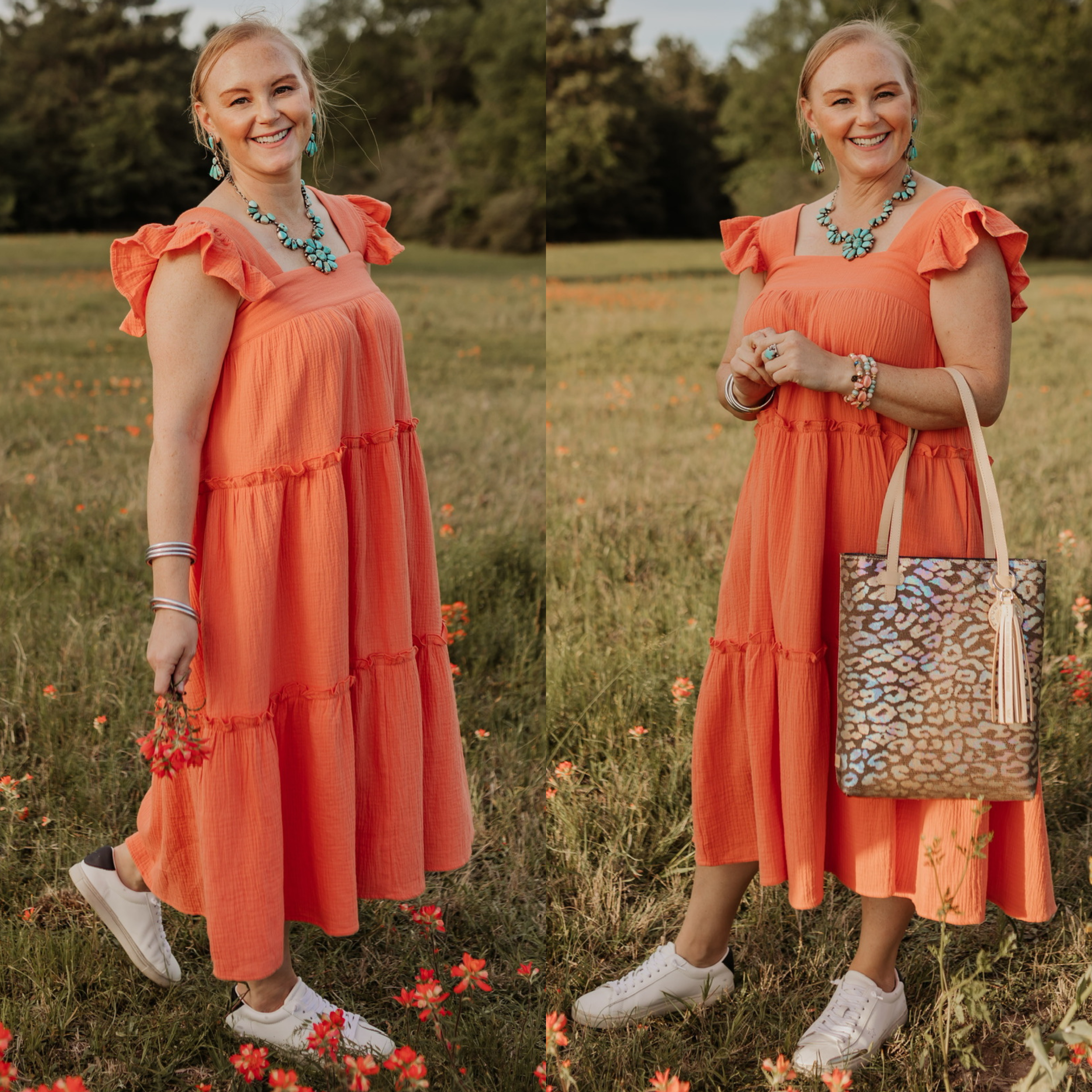 Model is wearing an orange tiered dress with ruffle straps. Model has it paired with white sneakers, a leopard print purse, and turquoise jewelry.