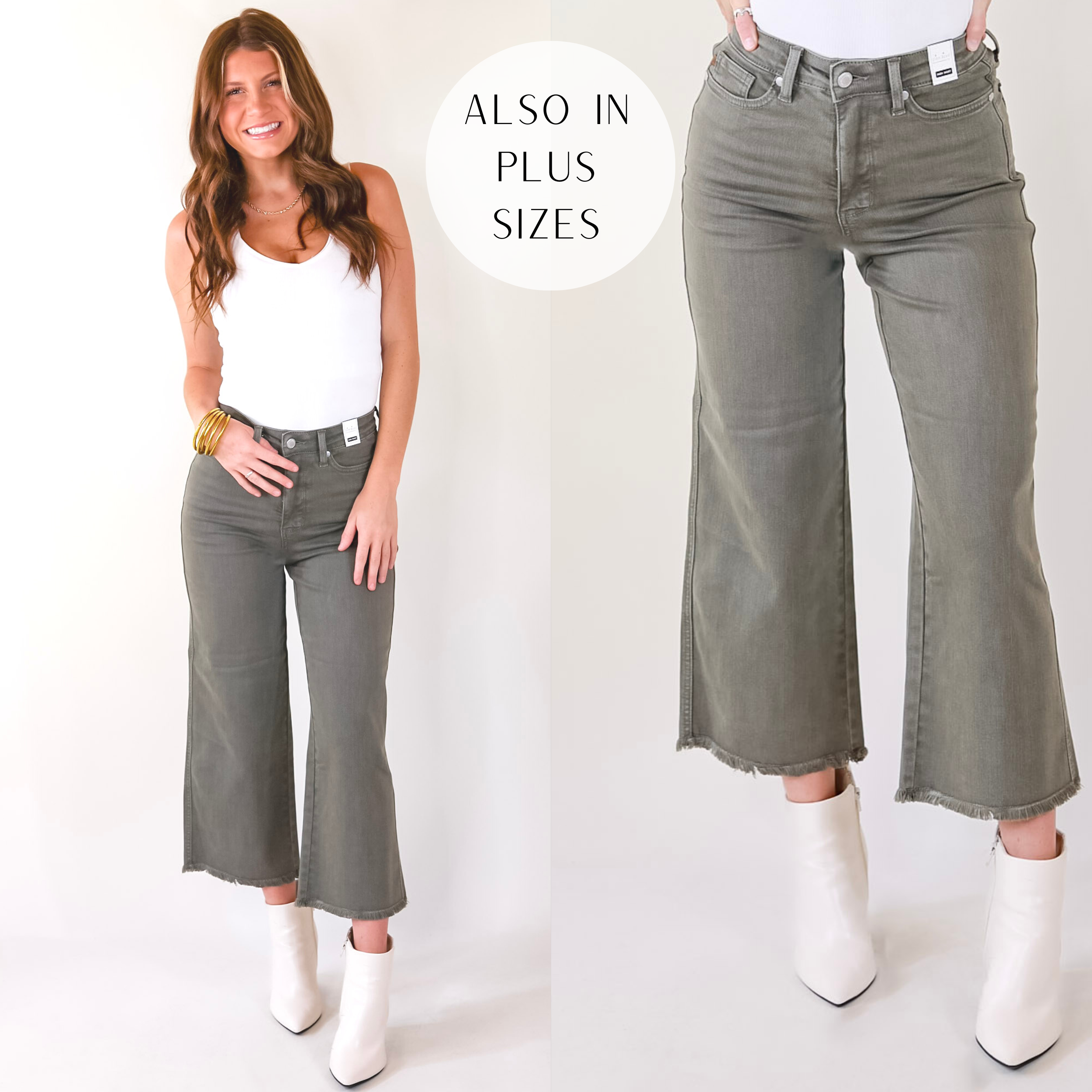 Judy Blue | Sign Me Up Tummy Control Cropped Wide Leg Jeans in Olive Green - Giddy Up Glamour Boutique