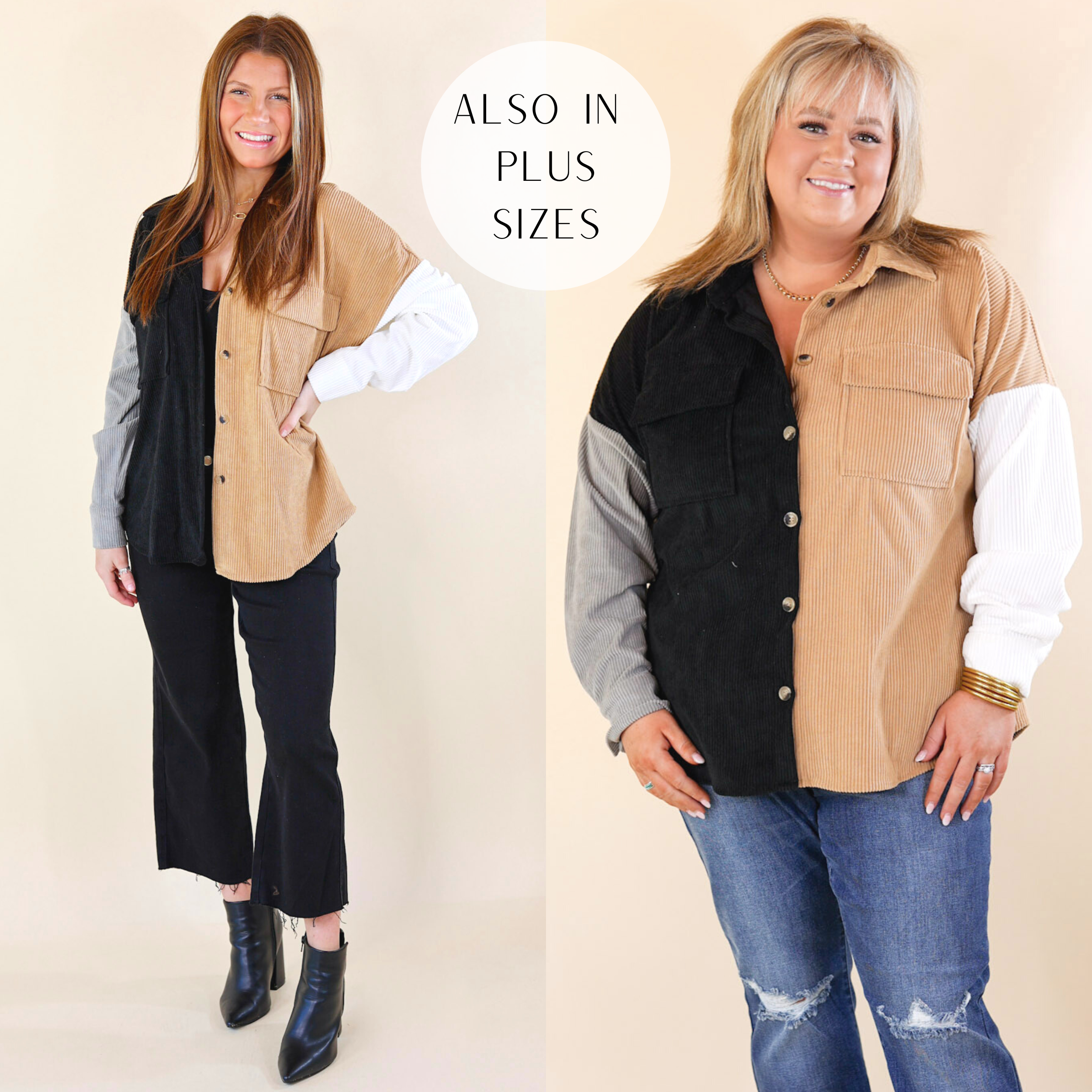 Model has a corduroy shacket with brown and tan color blocks on the left and brown and gray color blocks on the right. Model has this shacket paired with bootcut jeans, black booties, and gold jewelry.