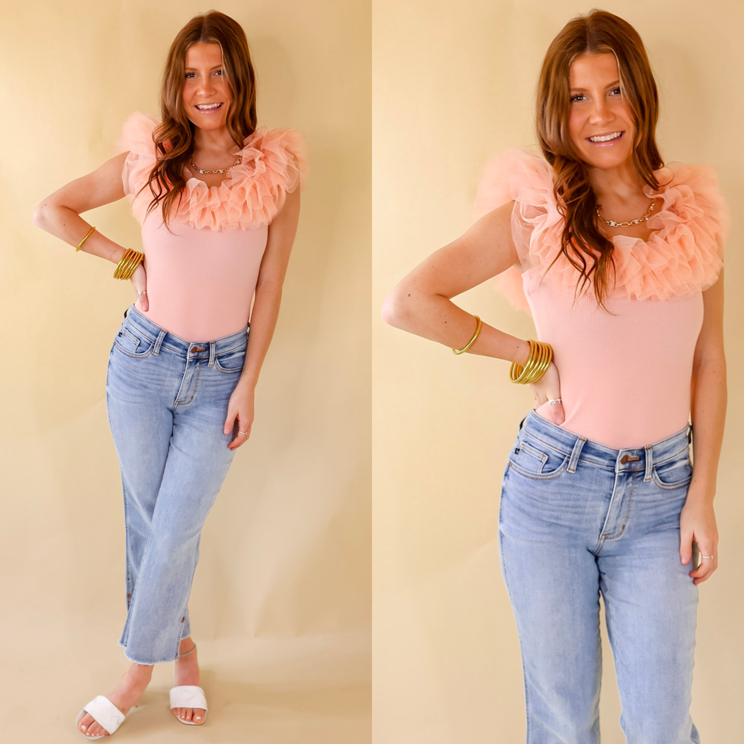 Pose For The Camera Tulle Upper Bodysuit in Coral Pink - Giddy Up Glamour Boutique