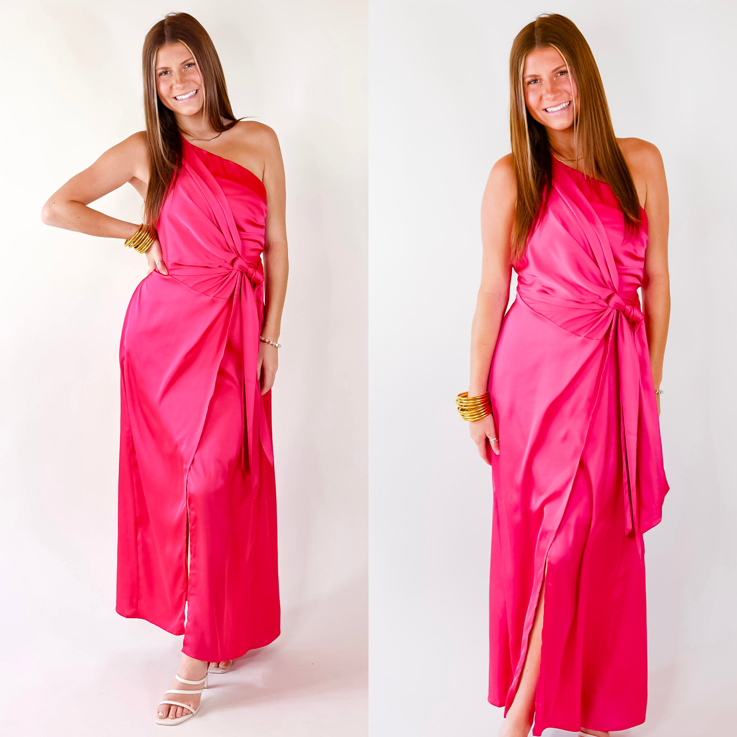 Luxury Glam One Shoulder Slit Dress in Fuschia Pink - Giddy Up Glamour Boutique