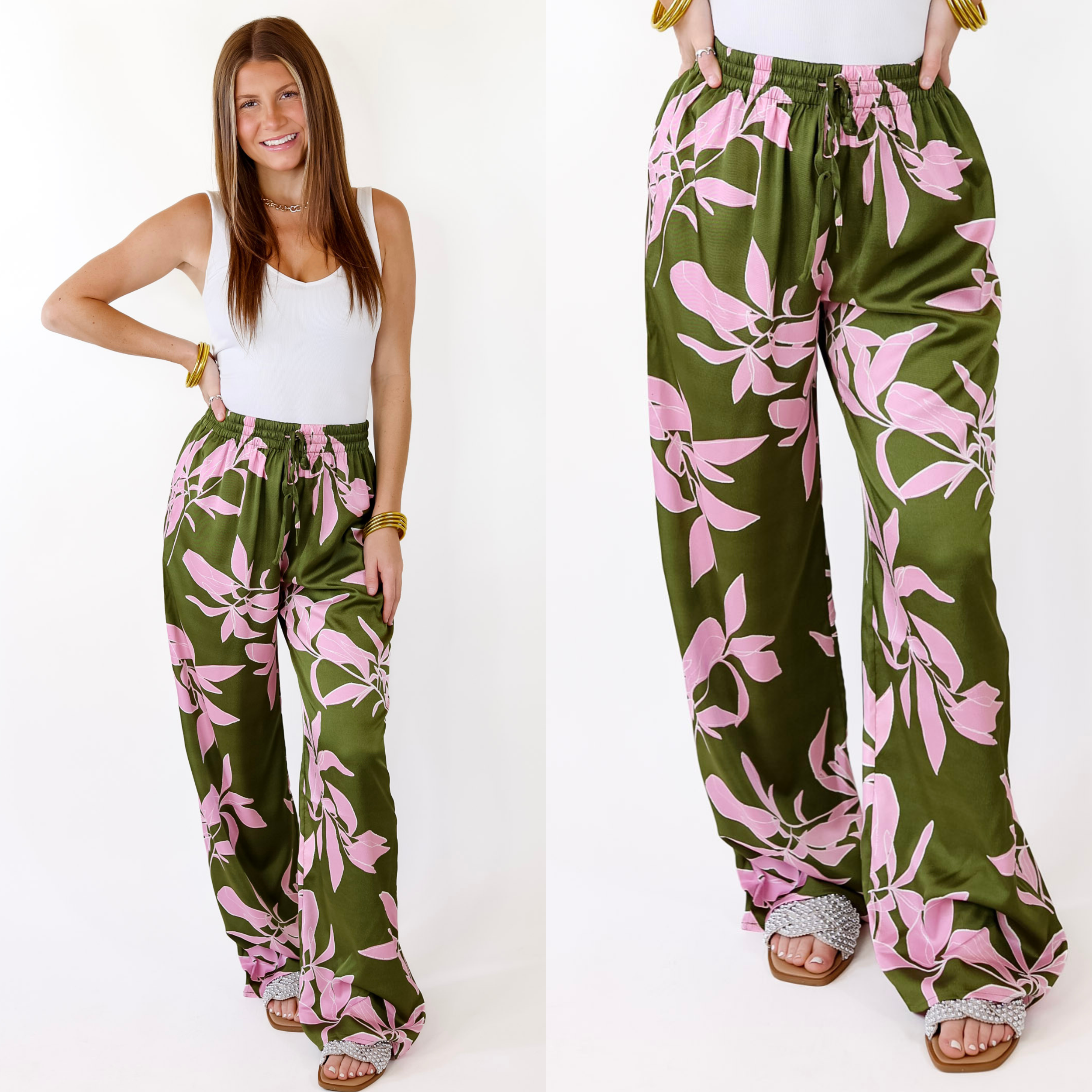Calm and Collected Drawstring Bottoms with Pink Leaves in Olive Green - Giddy Up Glamour Boutique