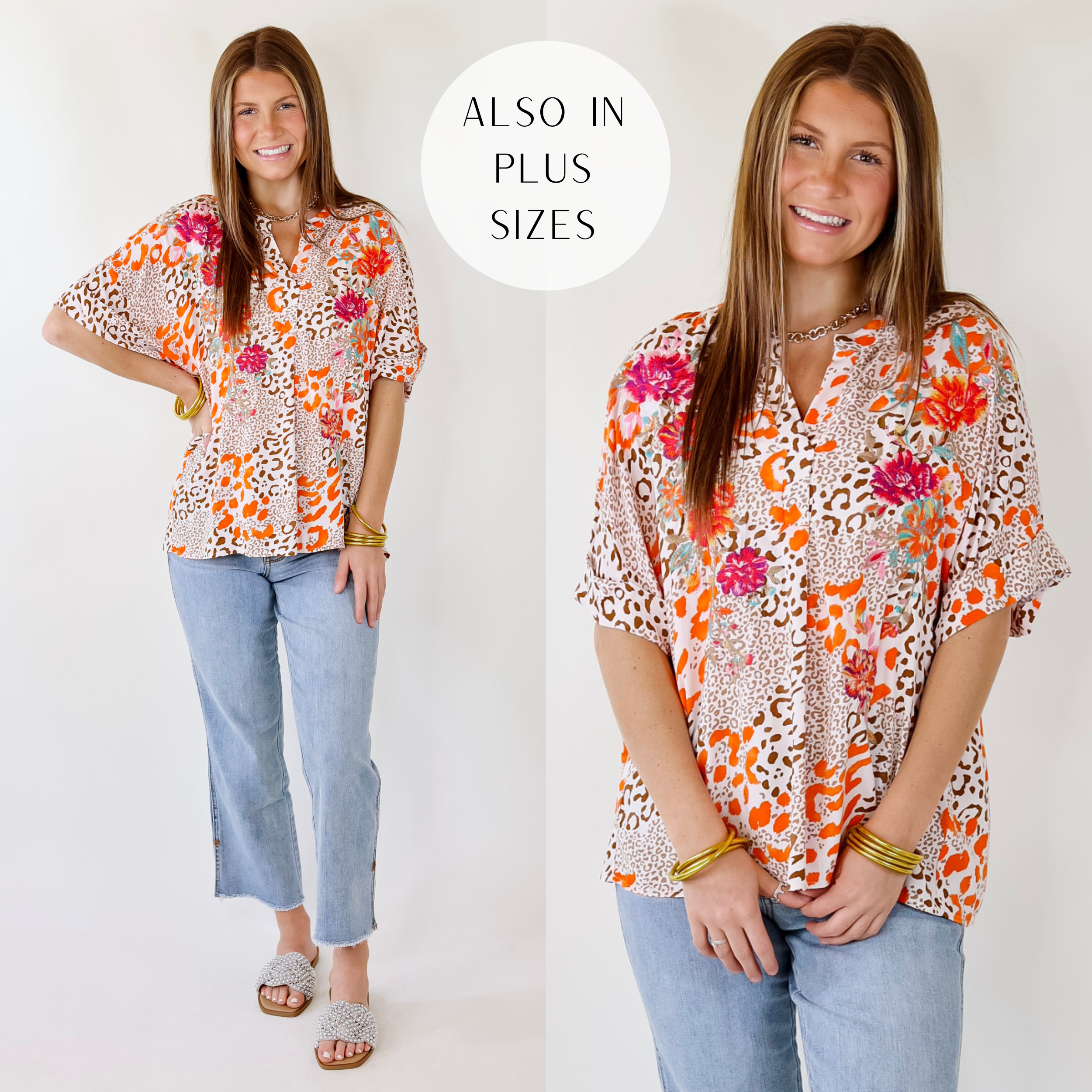 Model is wearing an ivory short sleeve top with a notched neckline. This top has an orange and tan leopard print pattern and floral embroidery on the front. 
