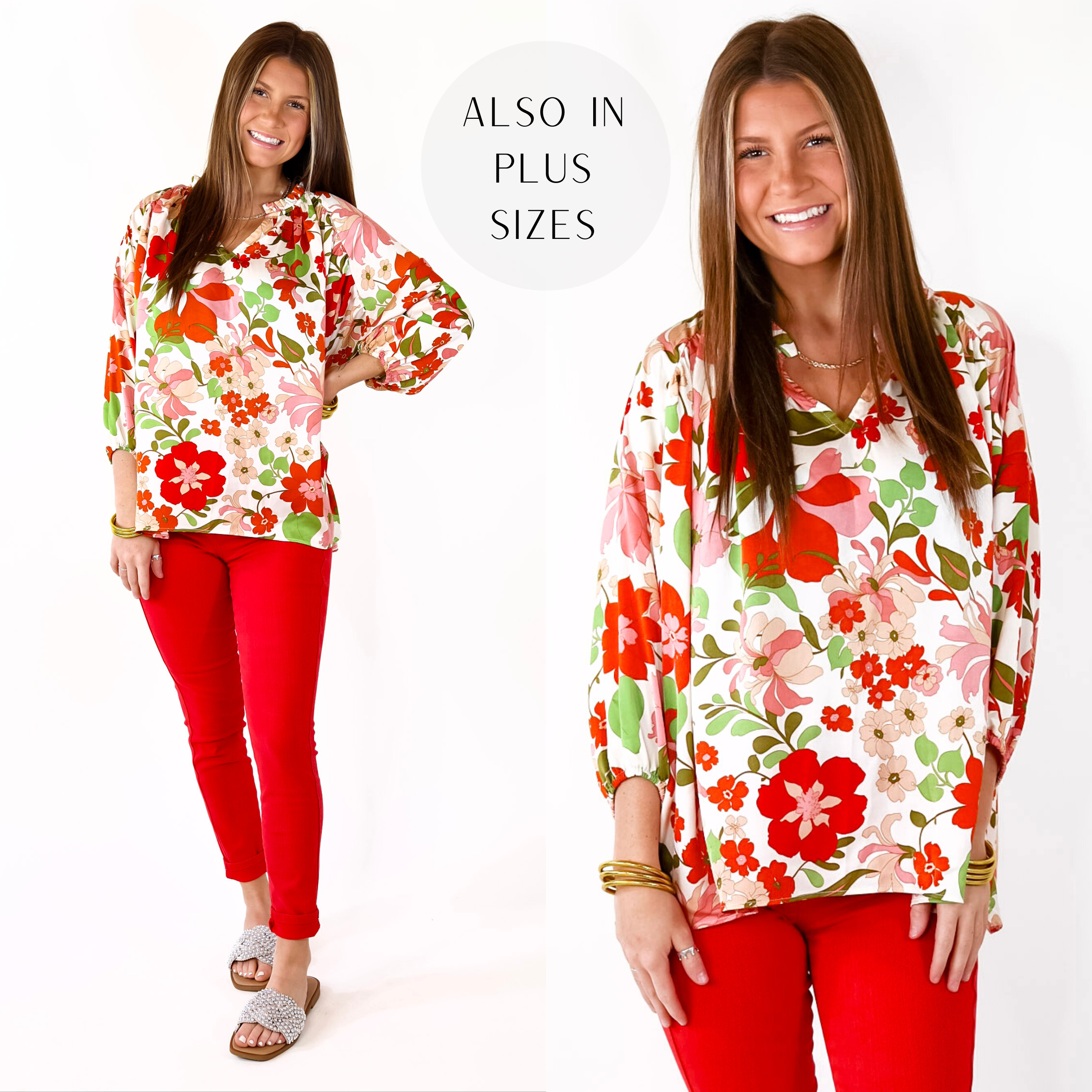Falling For Floral 3/4 Sleeve Top with Notched Neck in White - Giddy Up Glamour Boutique