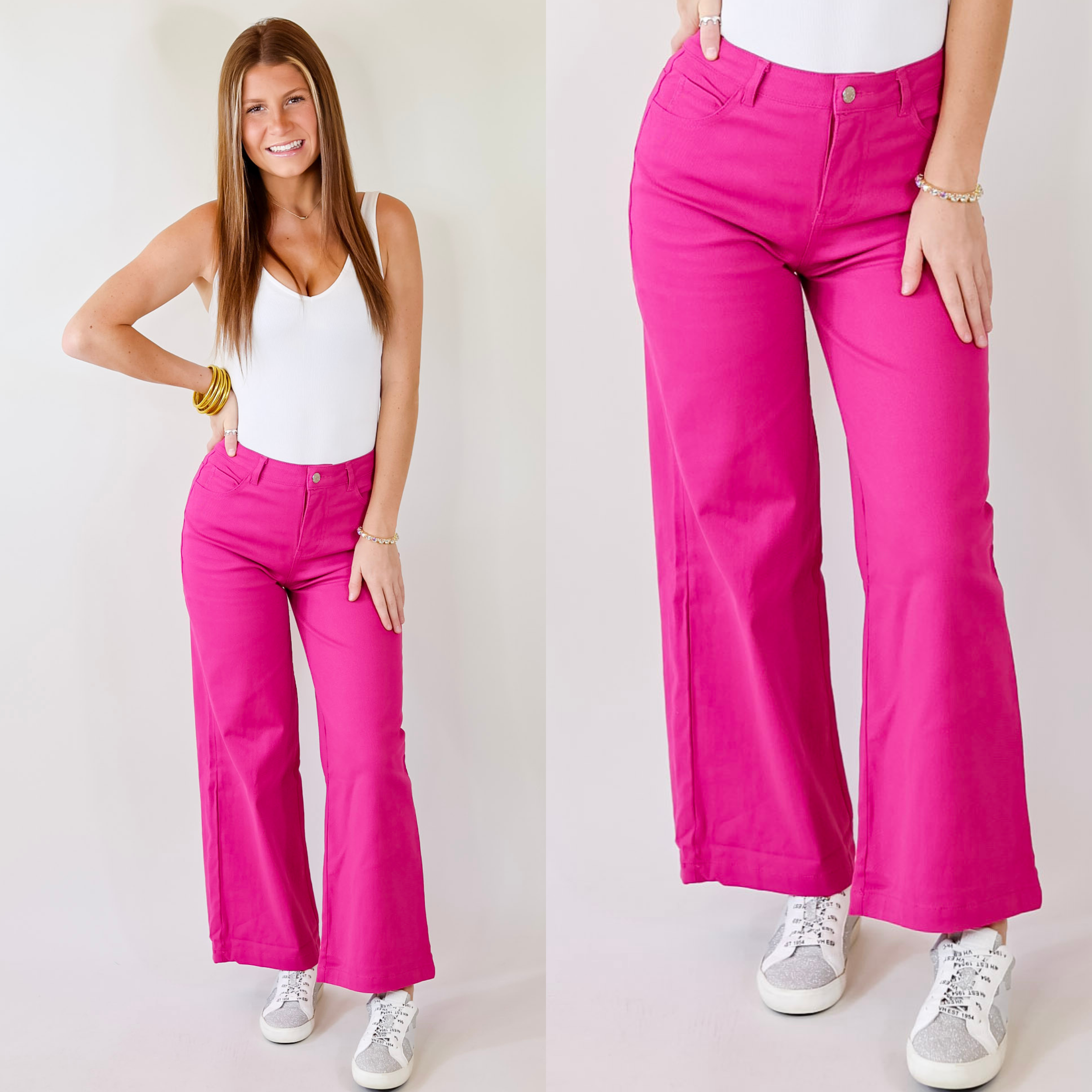 The Best Cropped Wide Leg Jeans In Magenta Pink - Giddy Up Glamour Boutique
