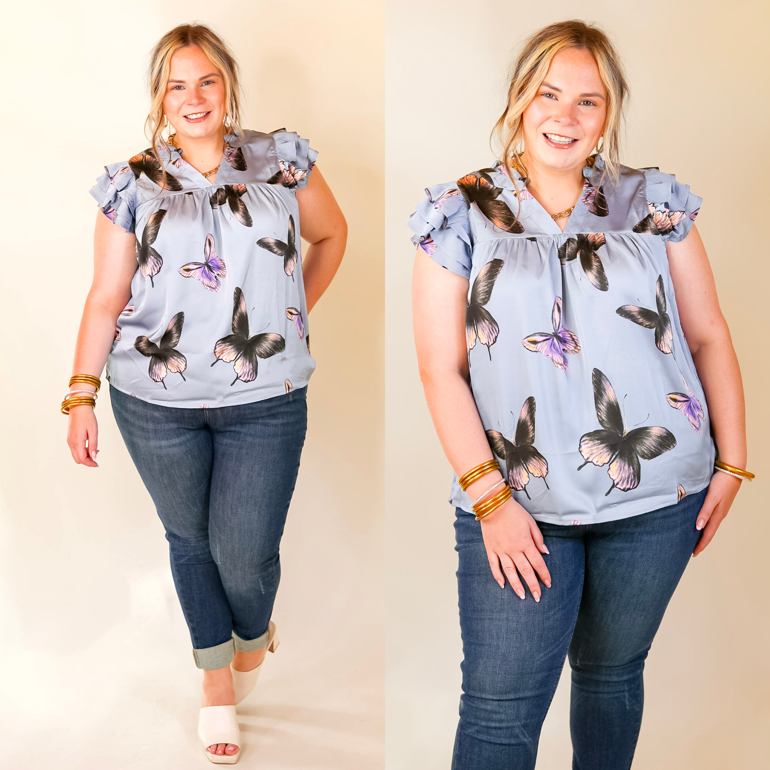 Butterfly Fly Away Top with Butterfly Print in Muted Blue - Giddy Up Glamour Boutique