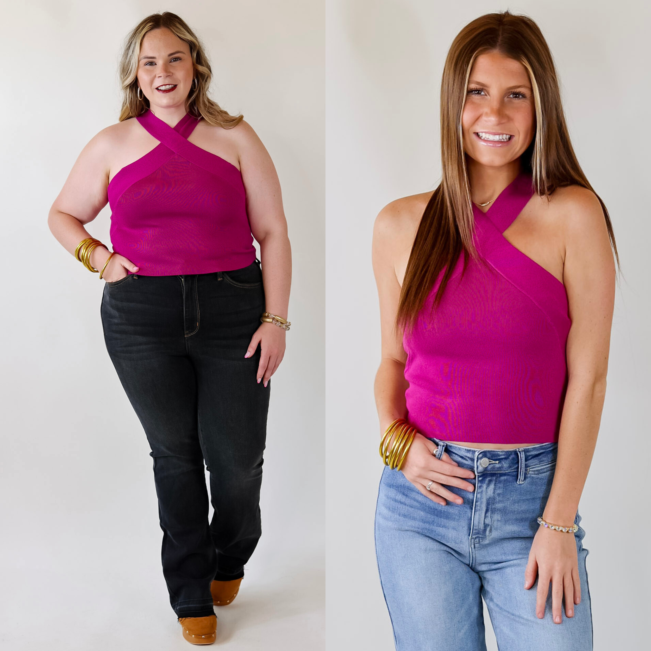 Talk To Me Crossed Strap Top in Magenta Purple - Giddy Up Glamour Boutique