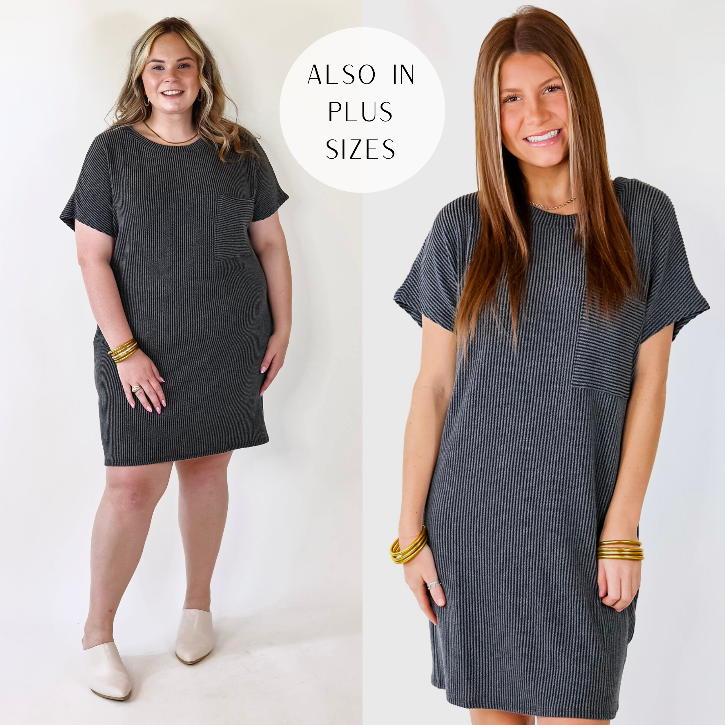 Coffee and Carefree Ribbed Short Sleeve Dress with Front Pocket in Charcoal - Giddy Up Glamour Boutique