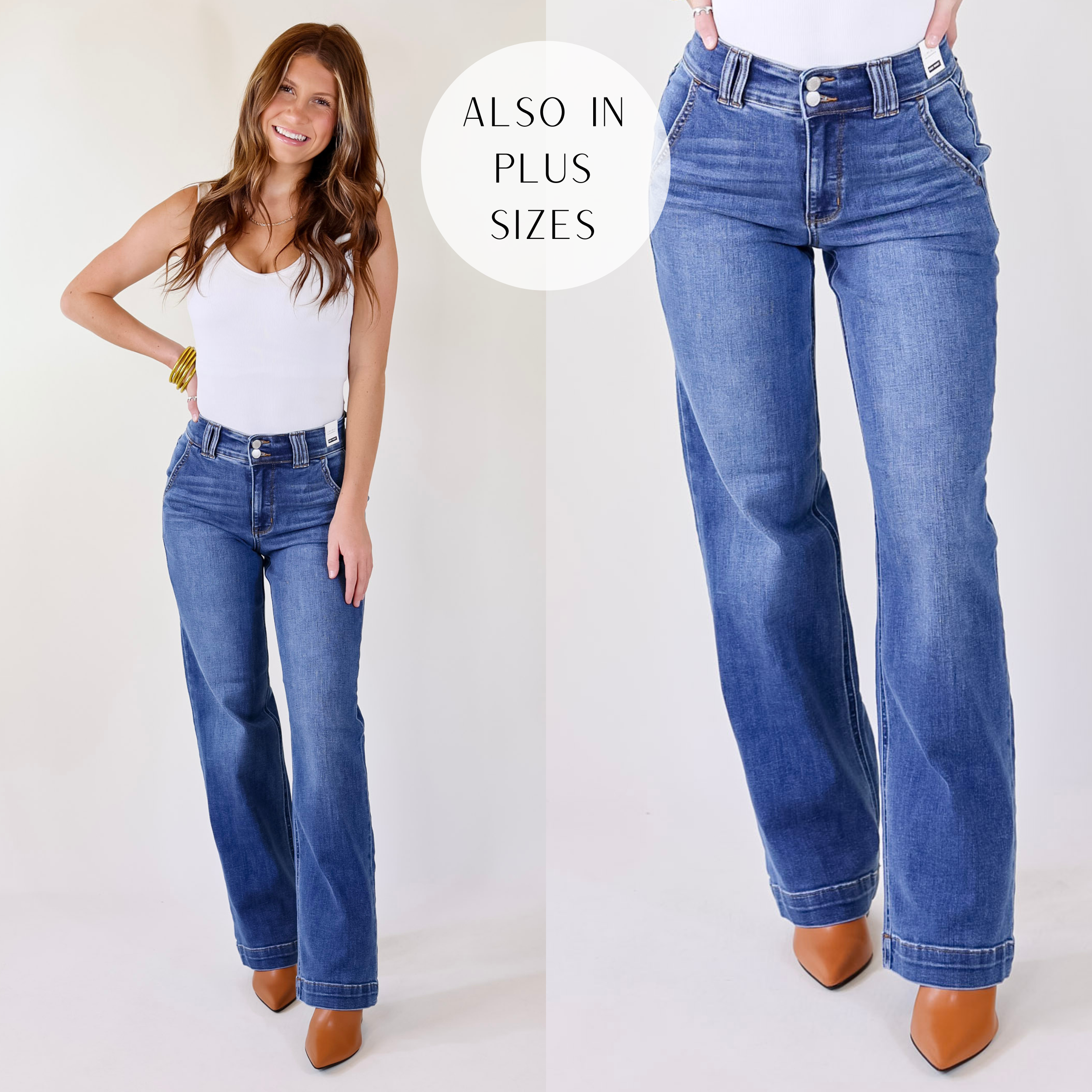 Judy Blue | Watch Her Go Double Button Wide Leg Jeans in Medium Wash - Giddy Up Glamour Boutique