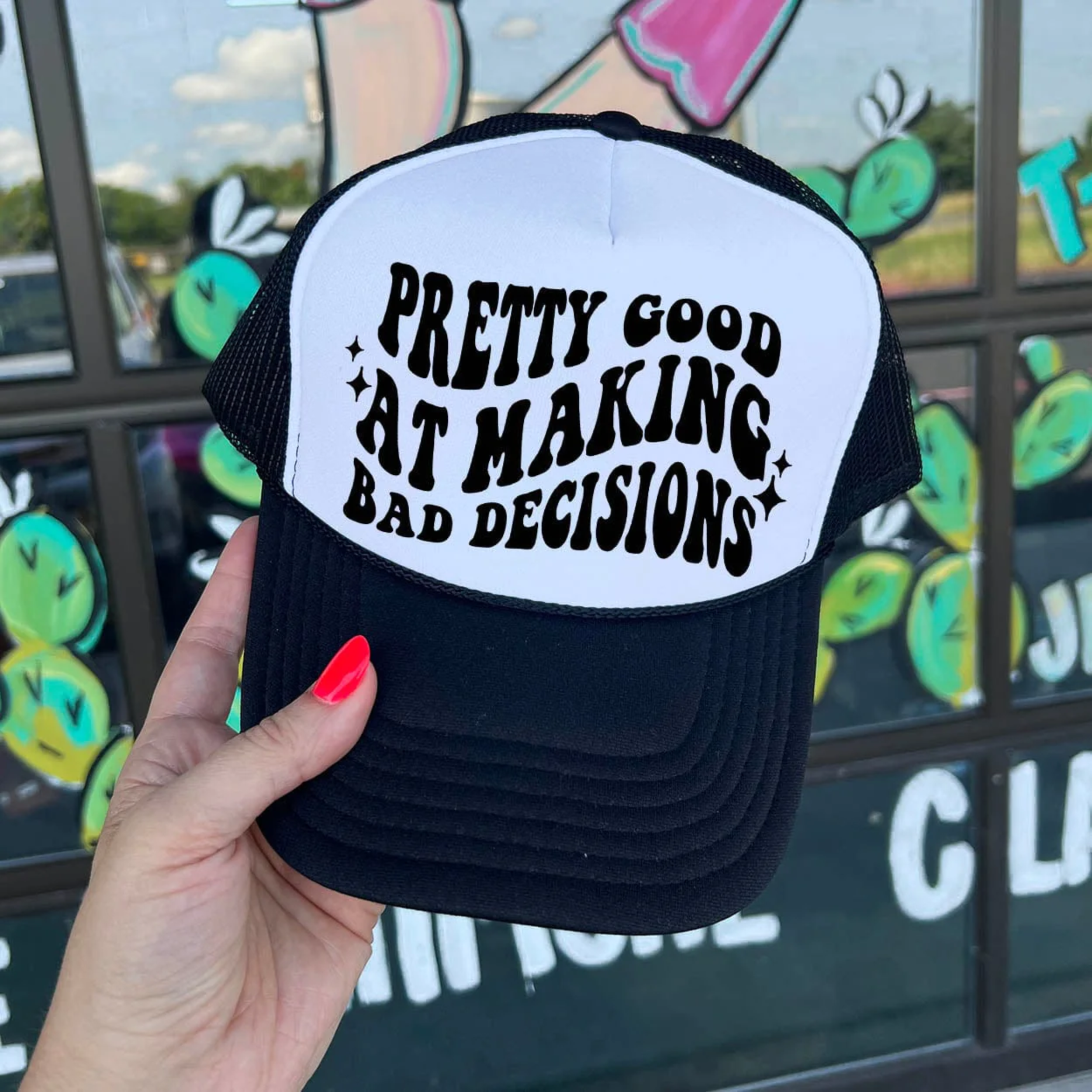 Online Exclusive | Pretty Good At Making Bad Decisions Foam Trucker Cap in Black and White - Giddy Up Glamour Boutique