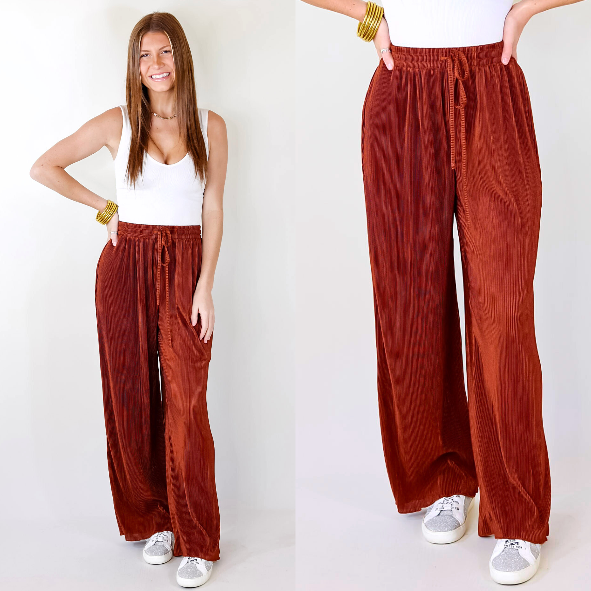 What You Admire Plissé Drawstring Pants in Rust Brown - Giddy Up Glamour Boutique