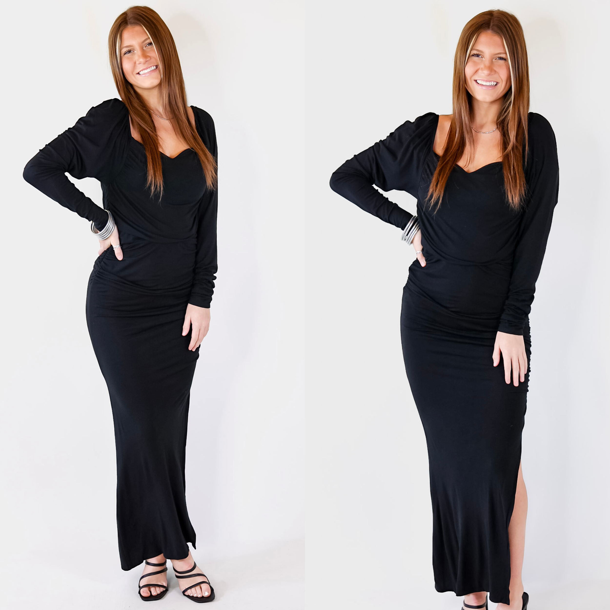 Classy Girl Long Sleeve Sweetheart Neckline Maxi Dress in Black - Giddy Up Glamour Boutique
