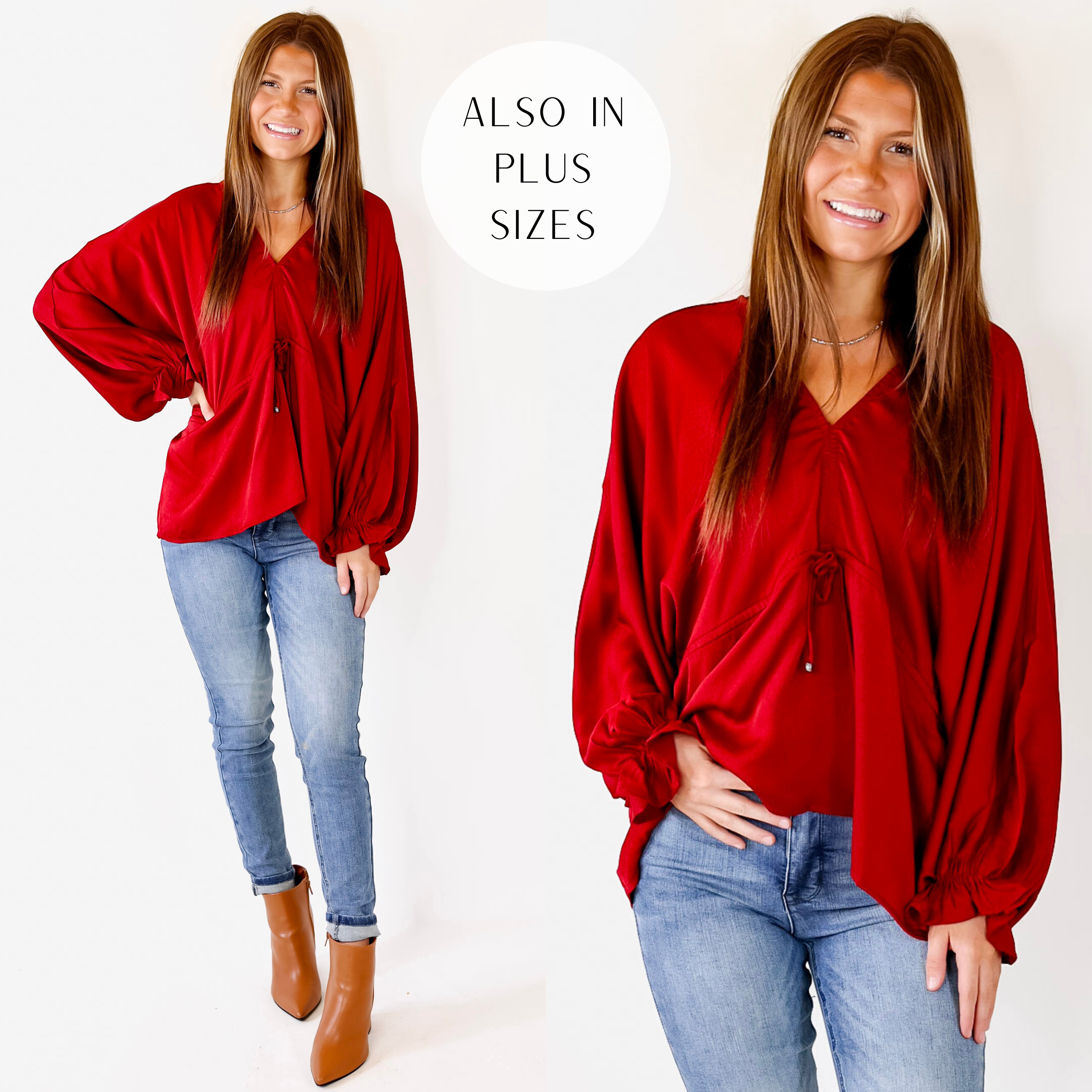 Model is wearing a red long sleeve top featuring a V neckline, puffed sleeves, tie waist, and flowy body.