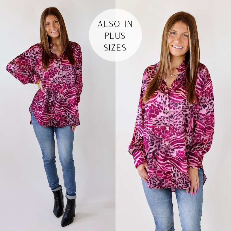 Model is wearing a magenta purple button up top with multiple animal prints. Model has paired the top with skinny light blue jeans, black booties, and gold jewelry. 