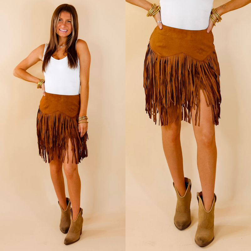 Fringe Skirt in Caramel Brown