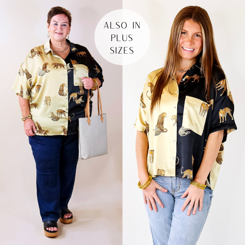A lightweight short sleeve flowy button up blouse featuring a half black half gold fabric, gold pocket, button up front, and a collar.