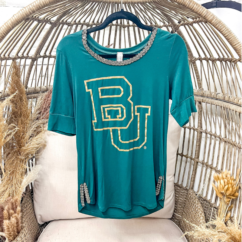 Baylor University Tee with Beaded Neckline - Giddy Up Glamour Boutique