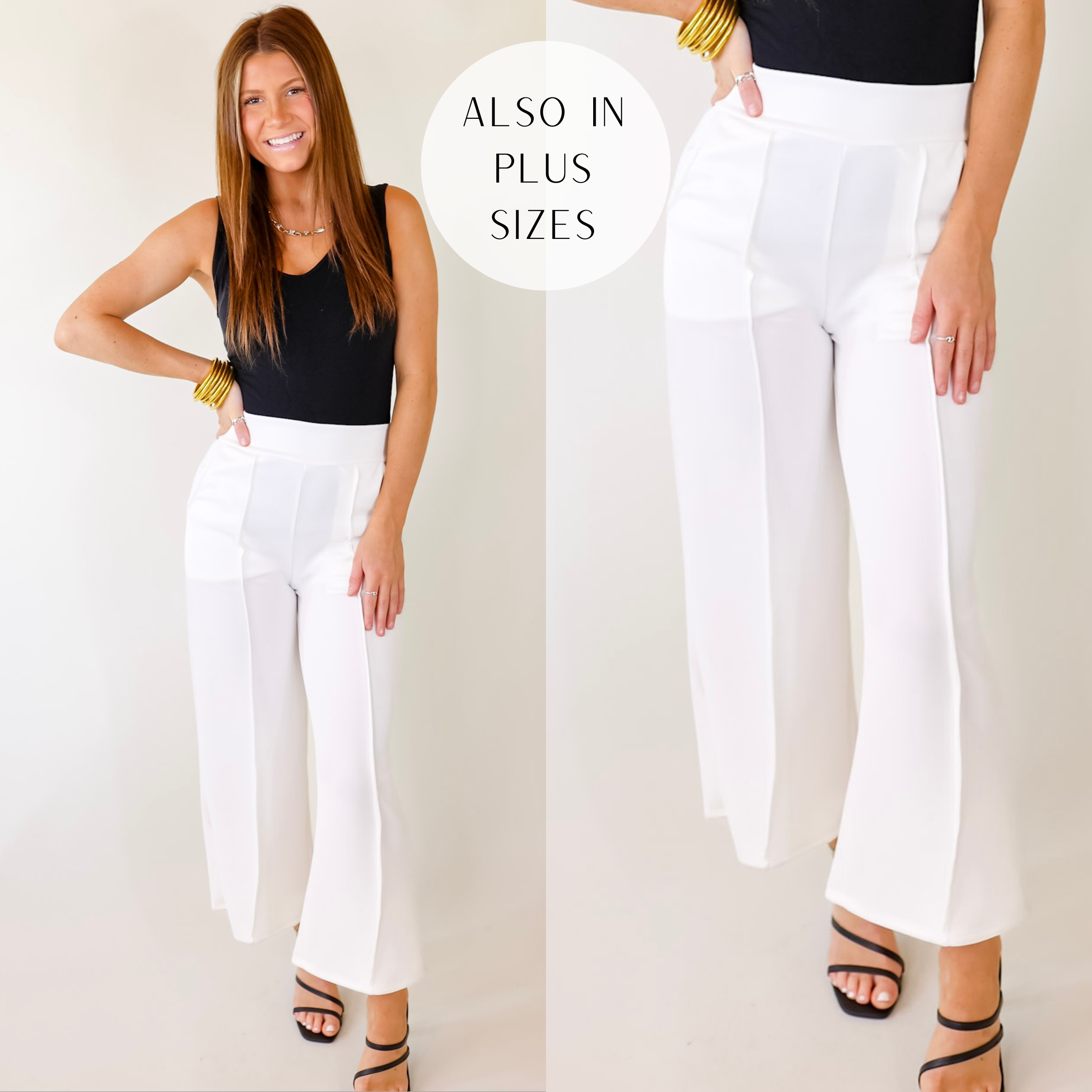 A pair of white mid rise pants with a front pleat on both legs, pockets, and a straight leg style