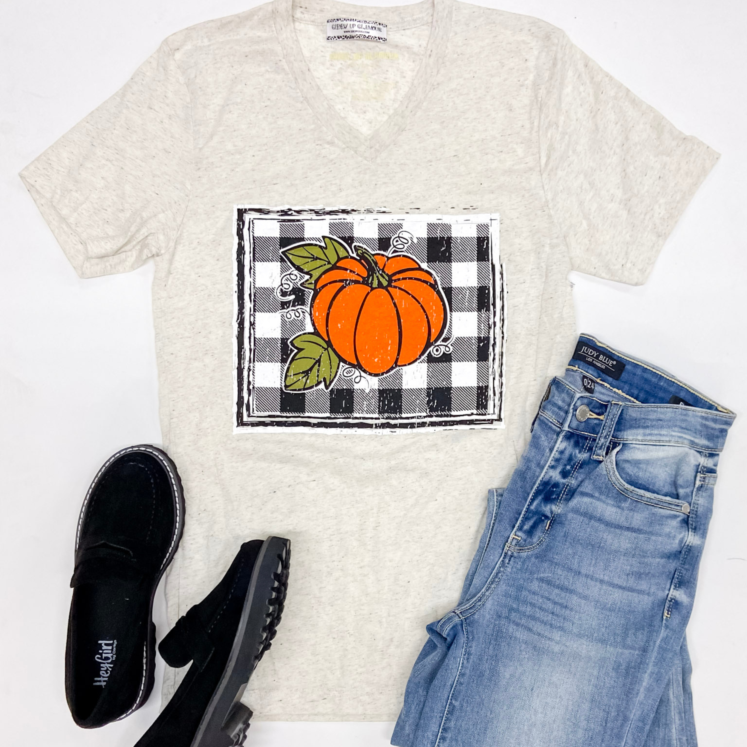 Buffalo Plaid Pumpkin Short Sleeve Graphic Tee in Light Beige - Giddy Up Glamour Boutique