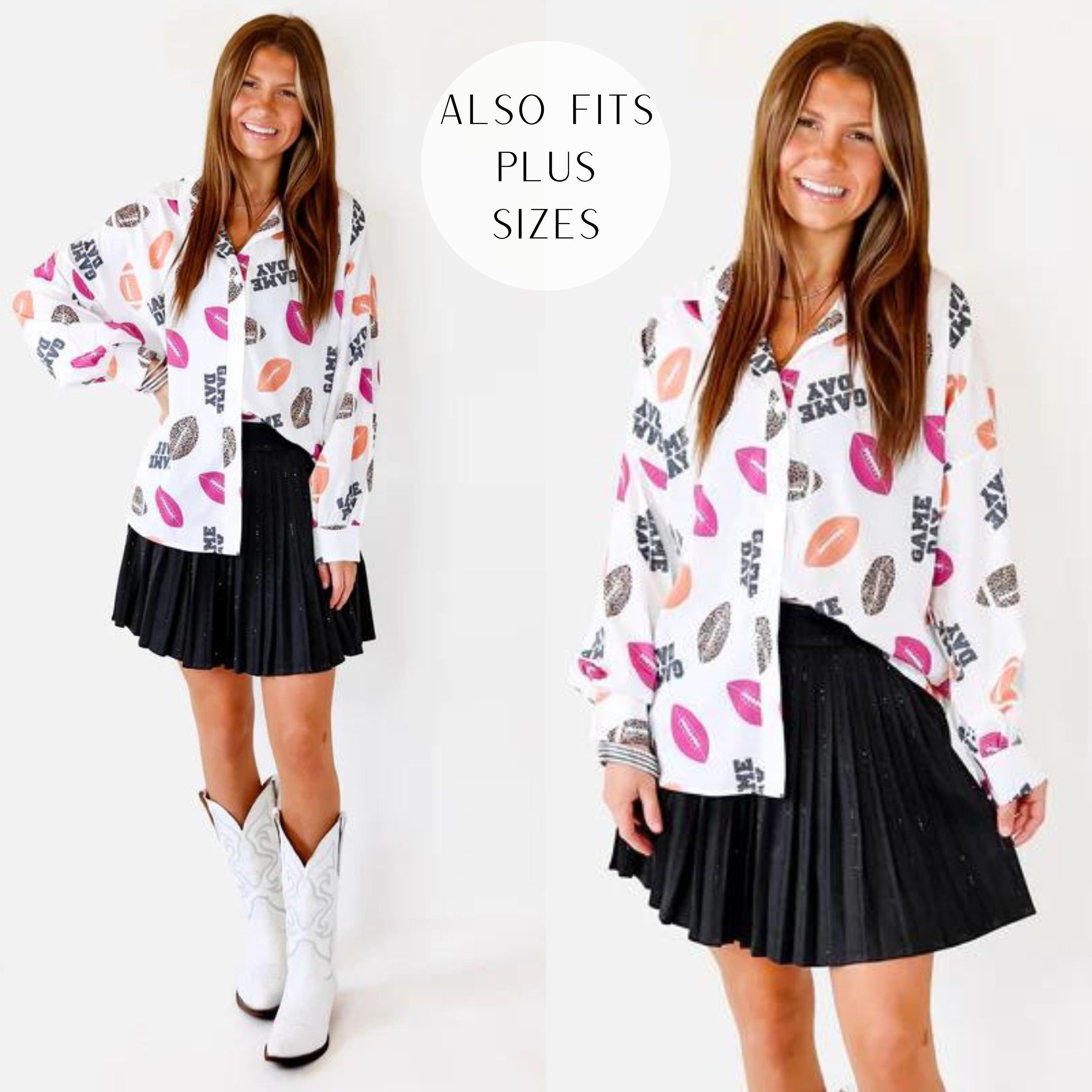 The Gameday Way Button Up Football Print Top in White - Giddy Up Glamour Boutique