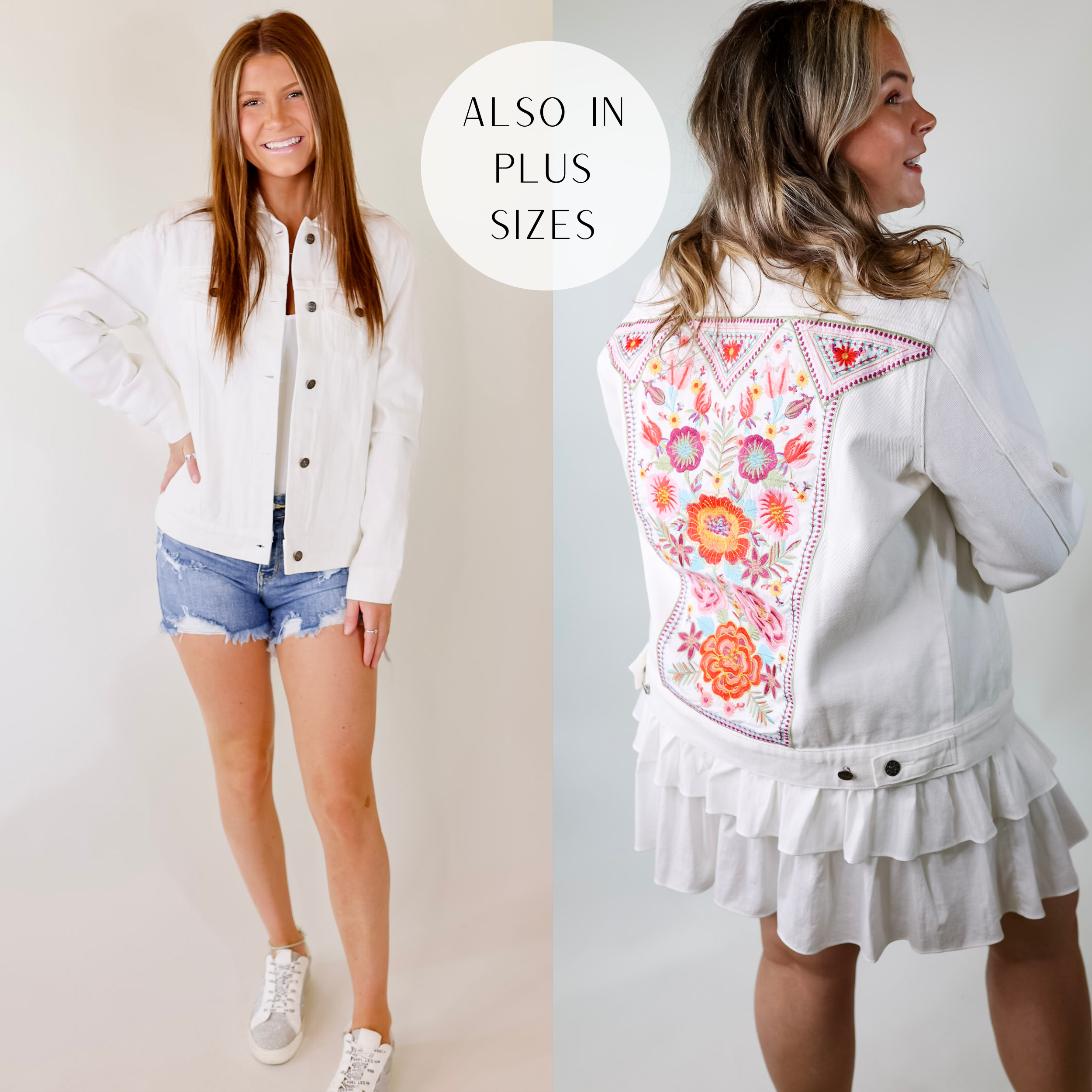 Models are wearing a white denim jacket featuring multicolor floral embroidery on the back.