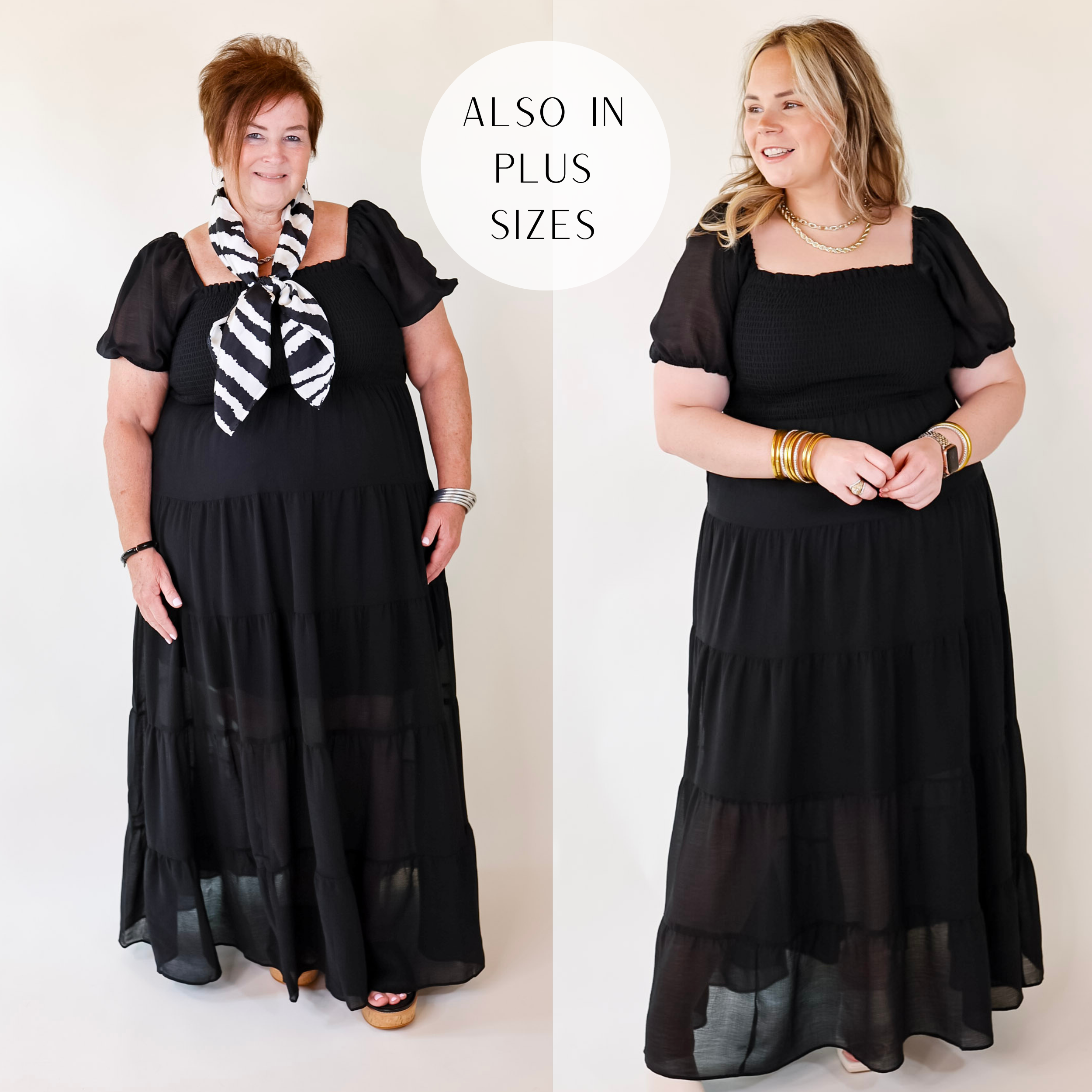 Models are wearing a long black short sleeve dress featuring a tiered skirt, puffed sleeves, and smocked bodice.