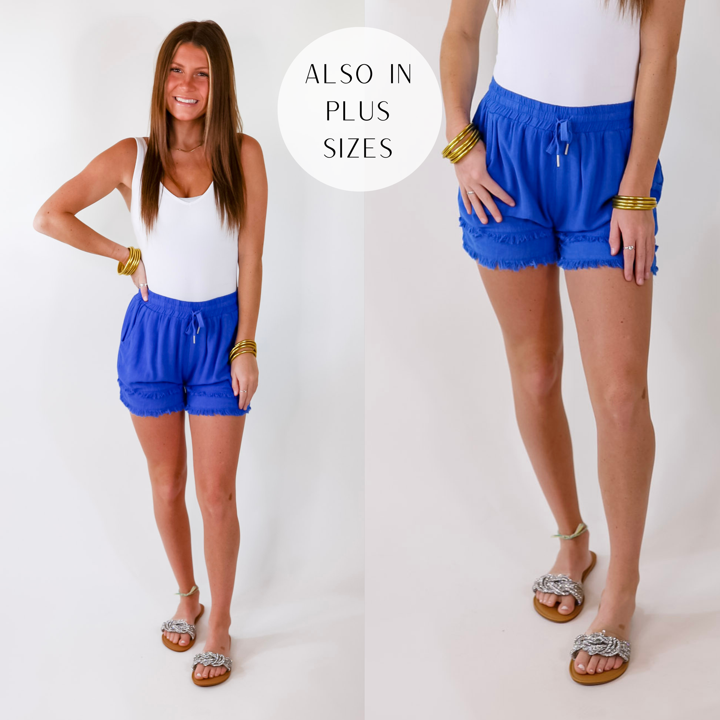 Model is wearing a pair of blue shorts featuring a distressed hem, pockets, and tie waist.