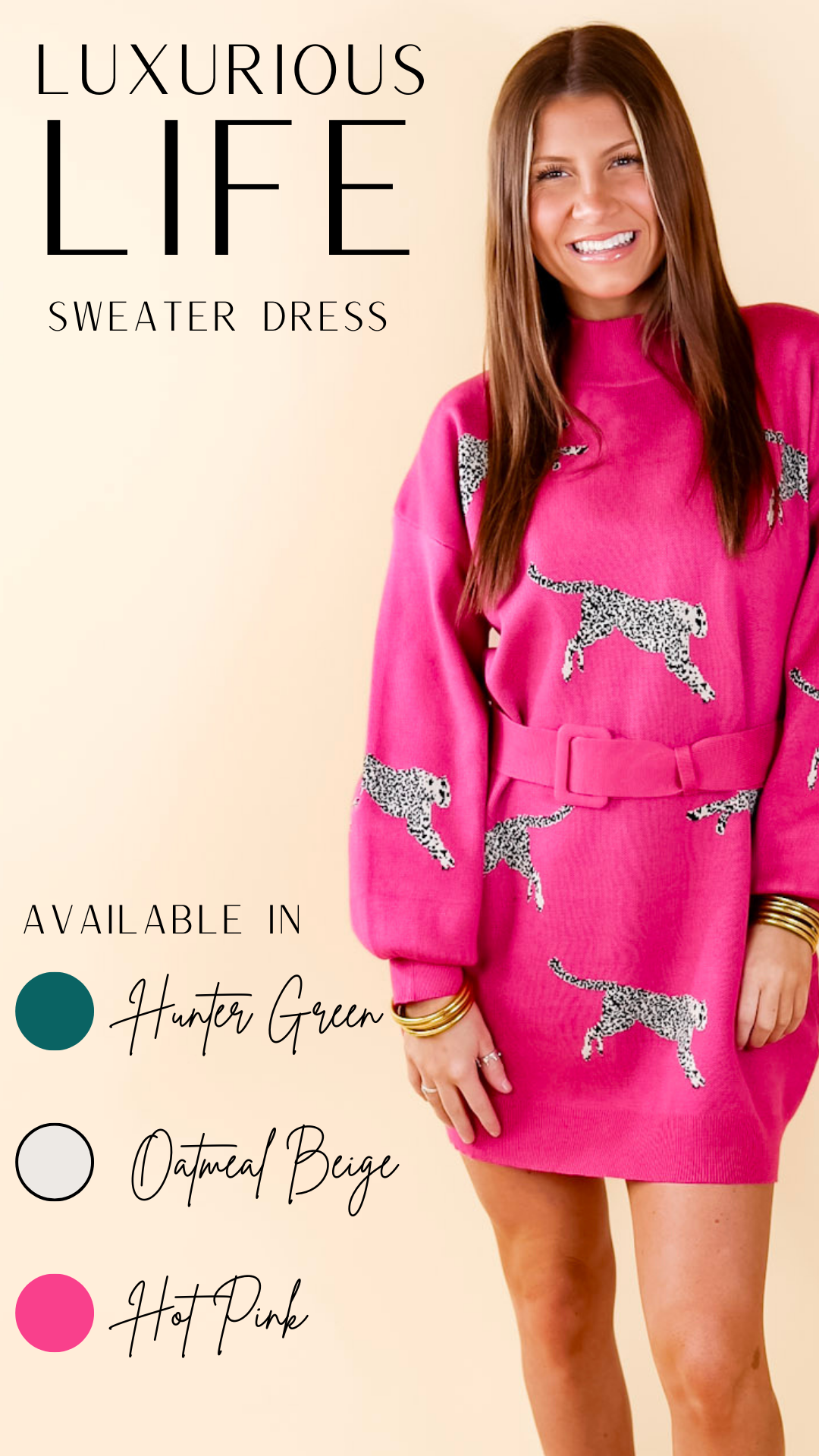 Luxurious Life Animal Print Sweater Dress with Belt in Hot Pink - Giddy Up Glamour Boutique