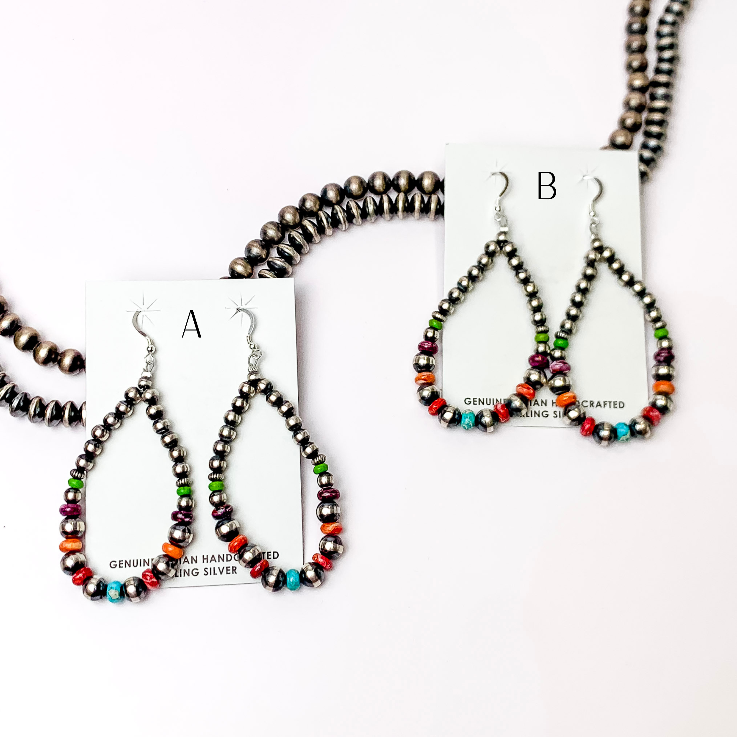 Navajo | Navajo Handmade Sterling Silver Navajo Pearl Teardrop Earrings with Green, Blue, Purple, and Orange Spacers - Giddy Up Glamour Boutique
