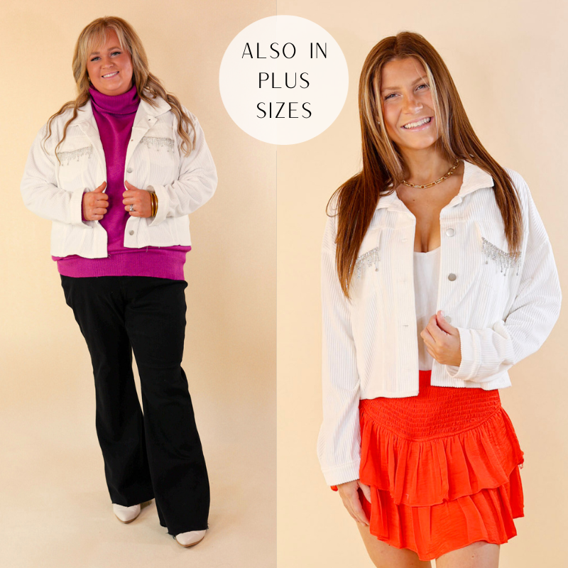 Models are wearing a white cropped corduroy jacket. Plus size model has paired it with a purple turtleneck and white booties. Small model has paired a white tank top and a orange skirt.