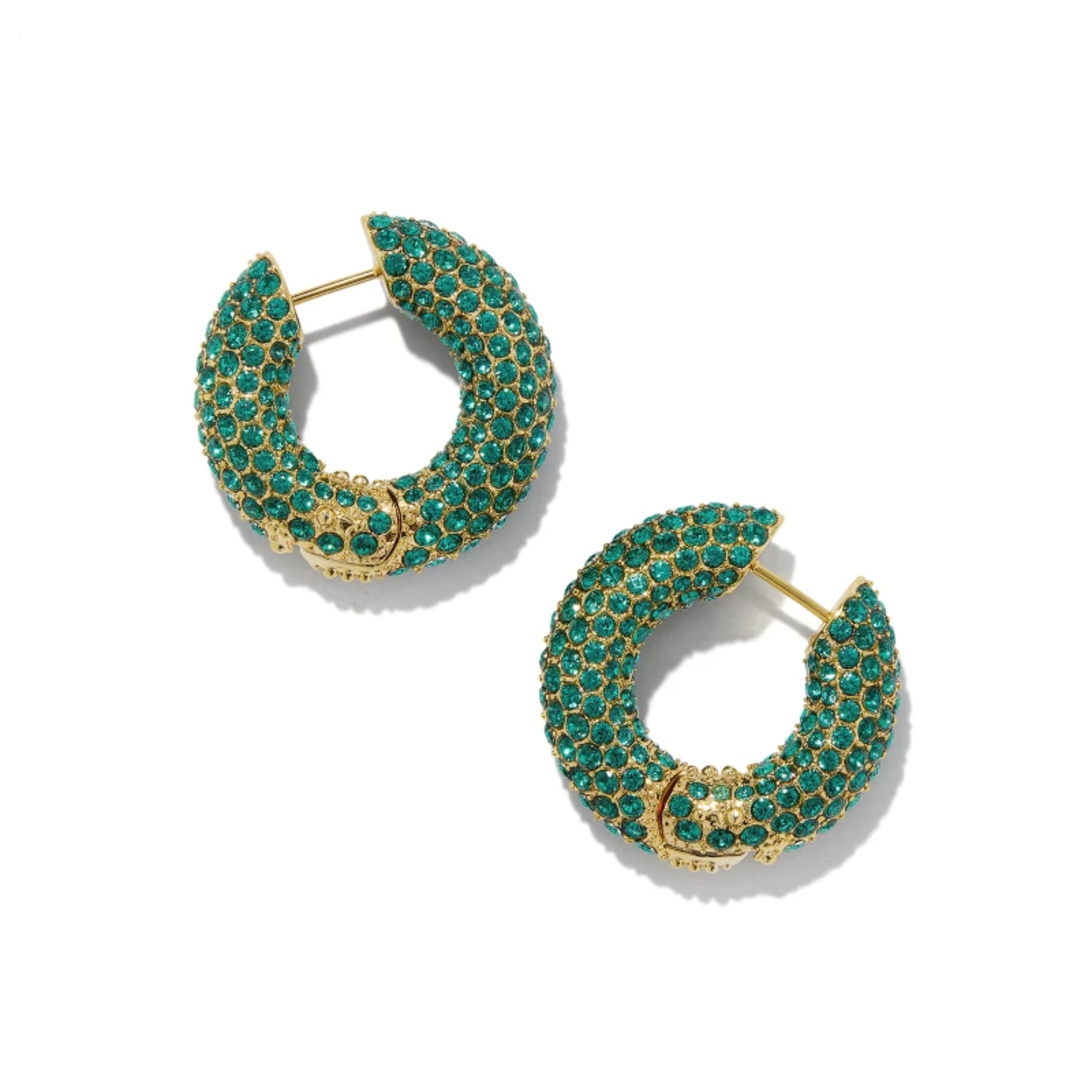 These Mikki Gold Pave Hoop Earrings in Green Crystal by Kendra Scott are pictured on a white background.