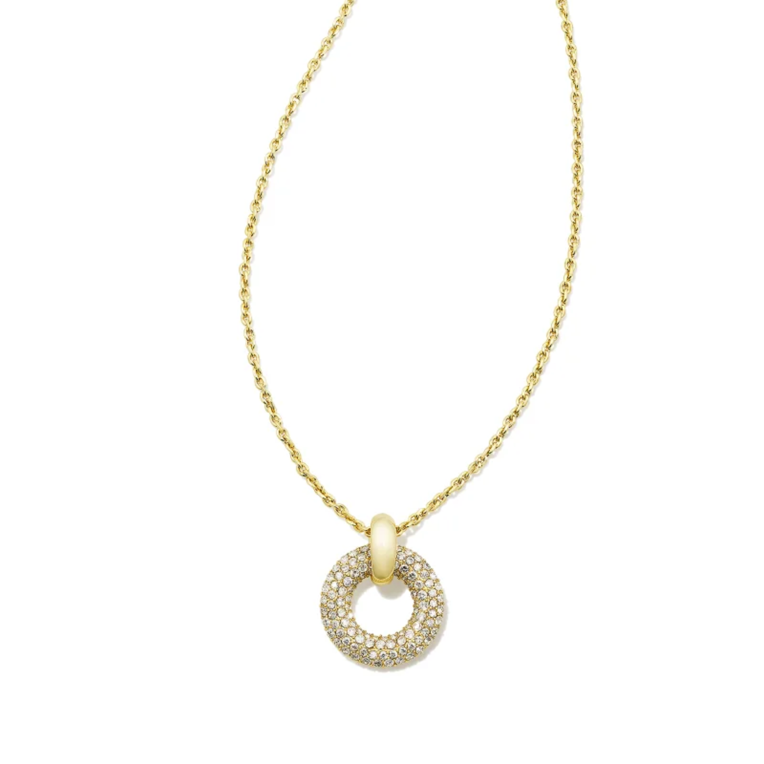 This Mikki Gold Pave Pendant Necklace in White  by Kendra Scott is pictured on a white background.
